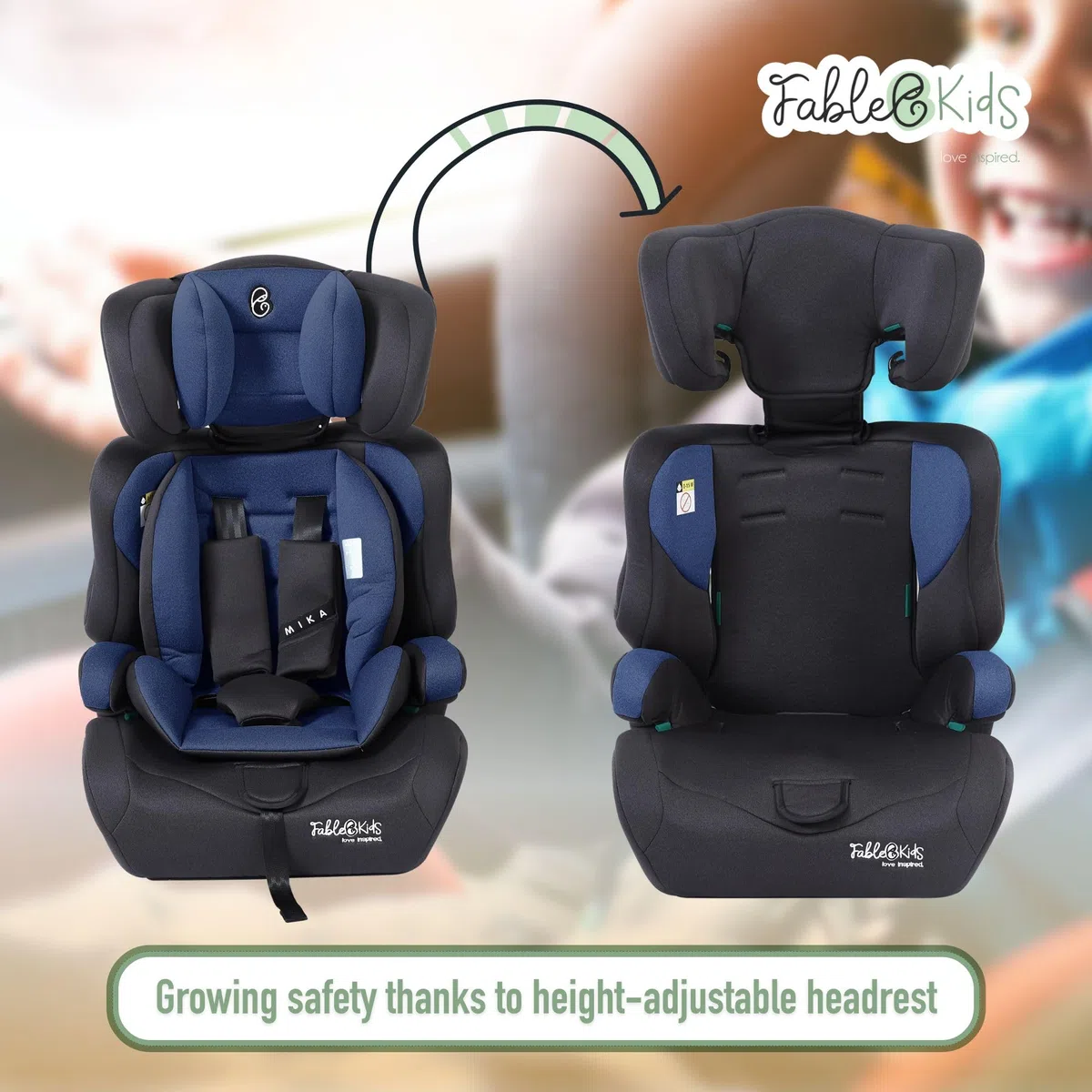 FableKids Fotelik dziecięcy | 5-punktowe szelki bezpieczeństwa | Grupa 1+2+3 dla 9-36 kg | Regulowany zagłówek | Zdejmowane oparcie | Regulowane (44 x 44 x 66-78 cm) (niebieski)