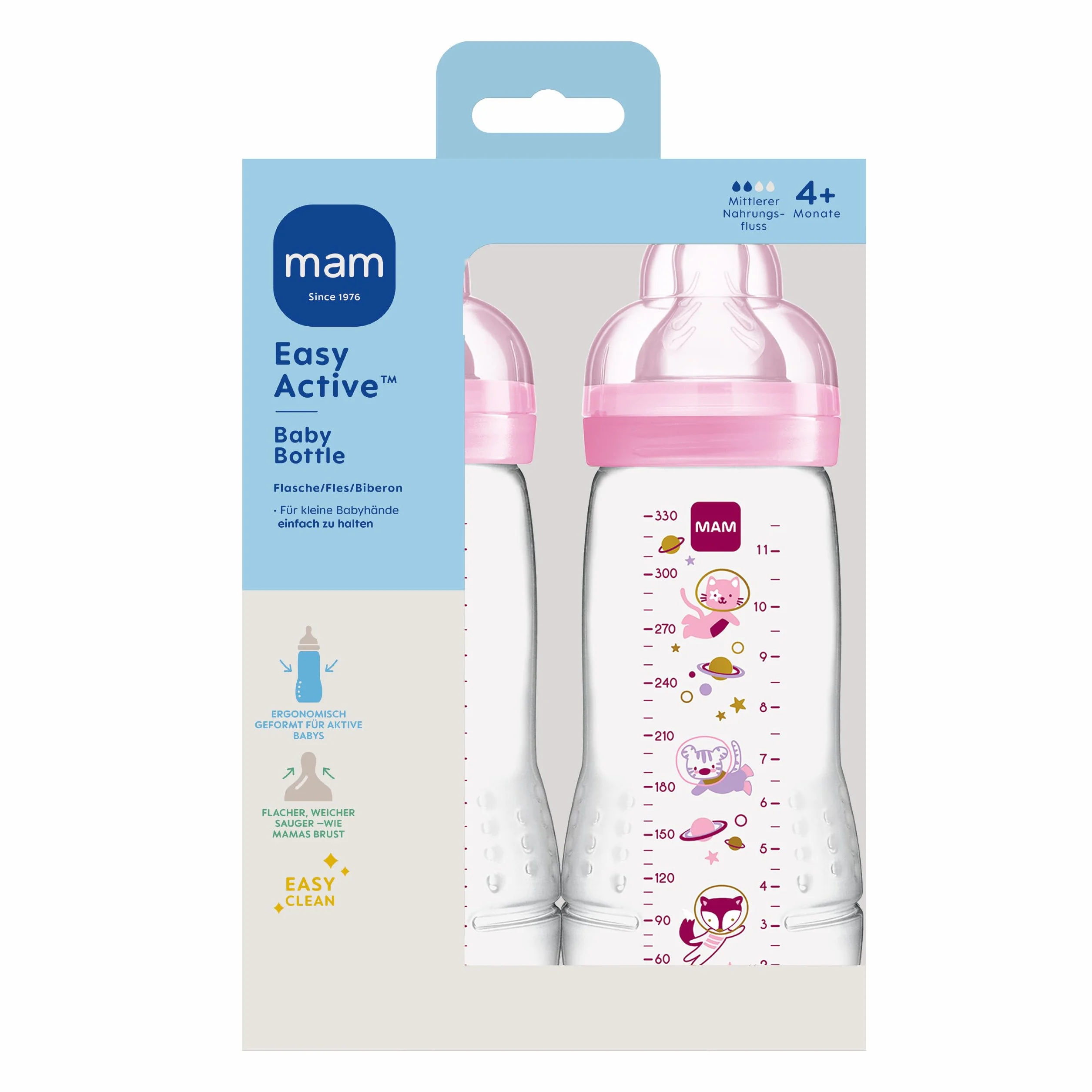 MAM Easy Active butelka do picia 330 ml zestaw 2 szt. dla niemowląt z przyssawką rozmiar 2 silikon SkinSoft ergonomiczna