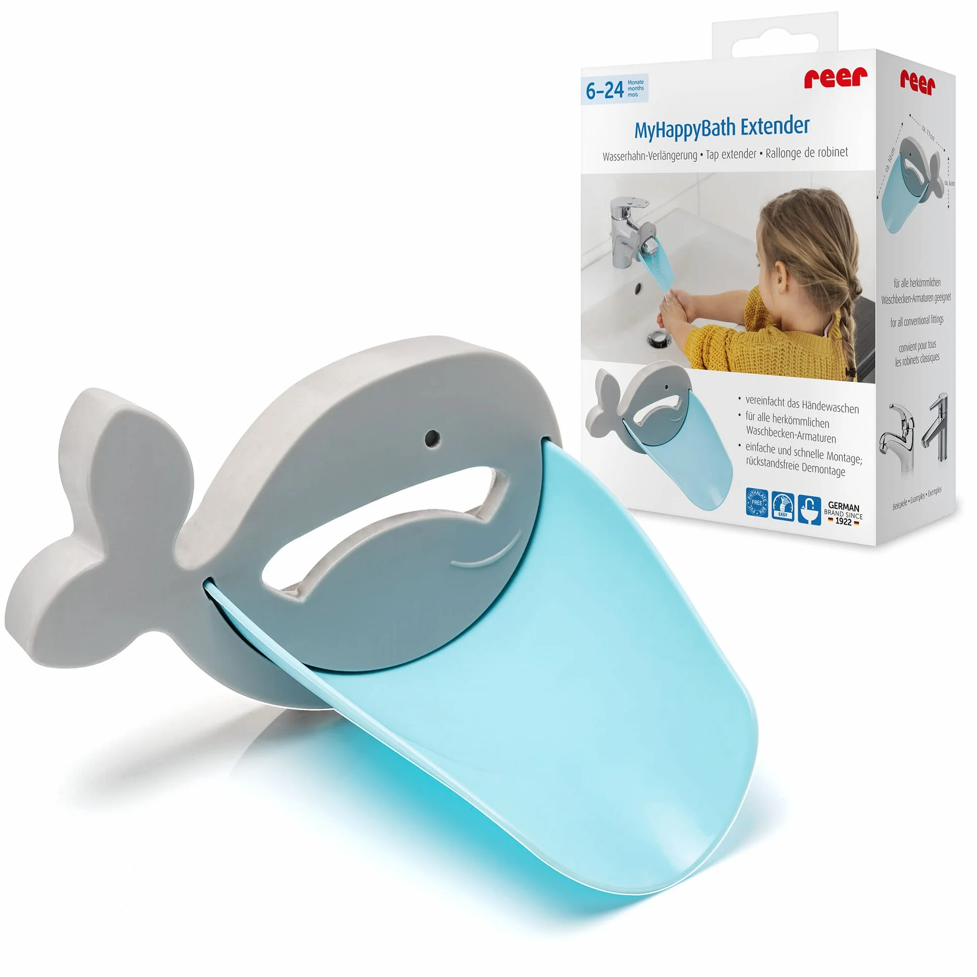 reer MyHappyBath Extender - Przedłużenie kranu. Nakładka na kran dla Twojego dziecka, do łatwego mycia rąk przy umywalce