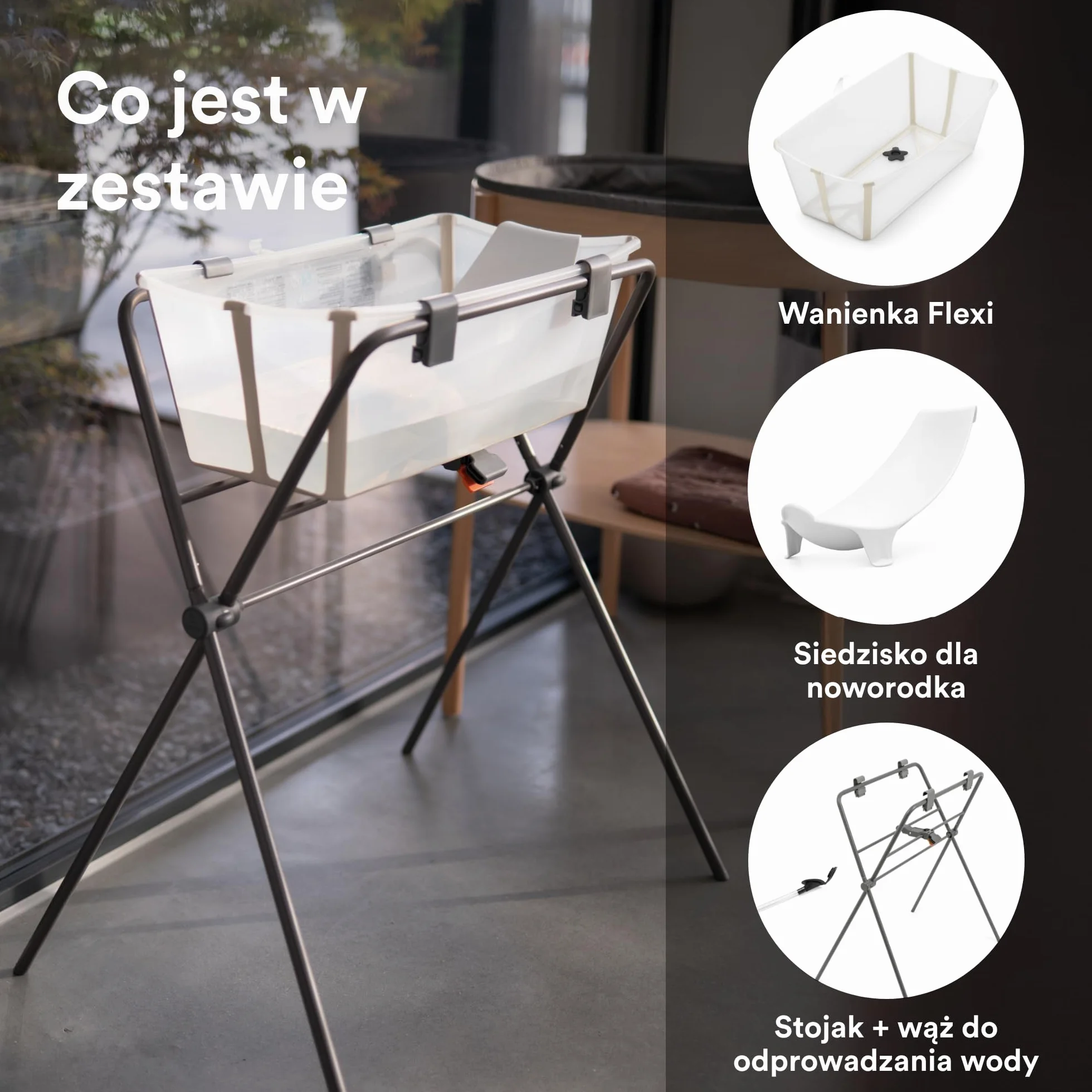 Wanienka Stokke Flexi Piaskowy Beż + Leżak Dla Noworodka + Stojak Składana, Trwała, Łatwa w Przechowywaniu