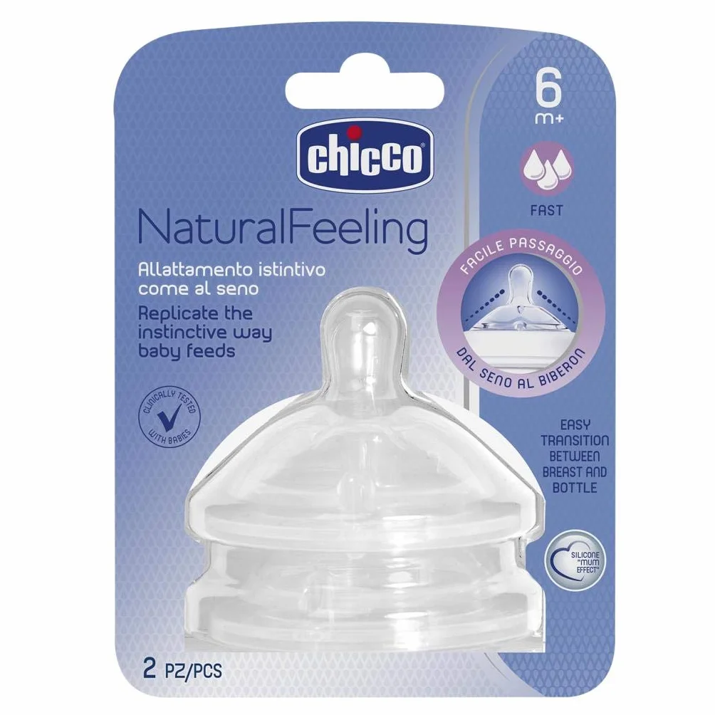 Chicco Smoczek Natral Feeling, Antykolkowy, Smoczek do Butelek z Szeroką Szyjką, Przepływ Szybki, Dla Niemowląt od 6m+ (zestaw 2 szt.)