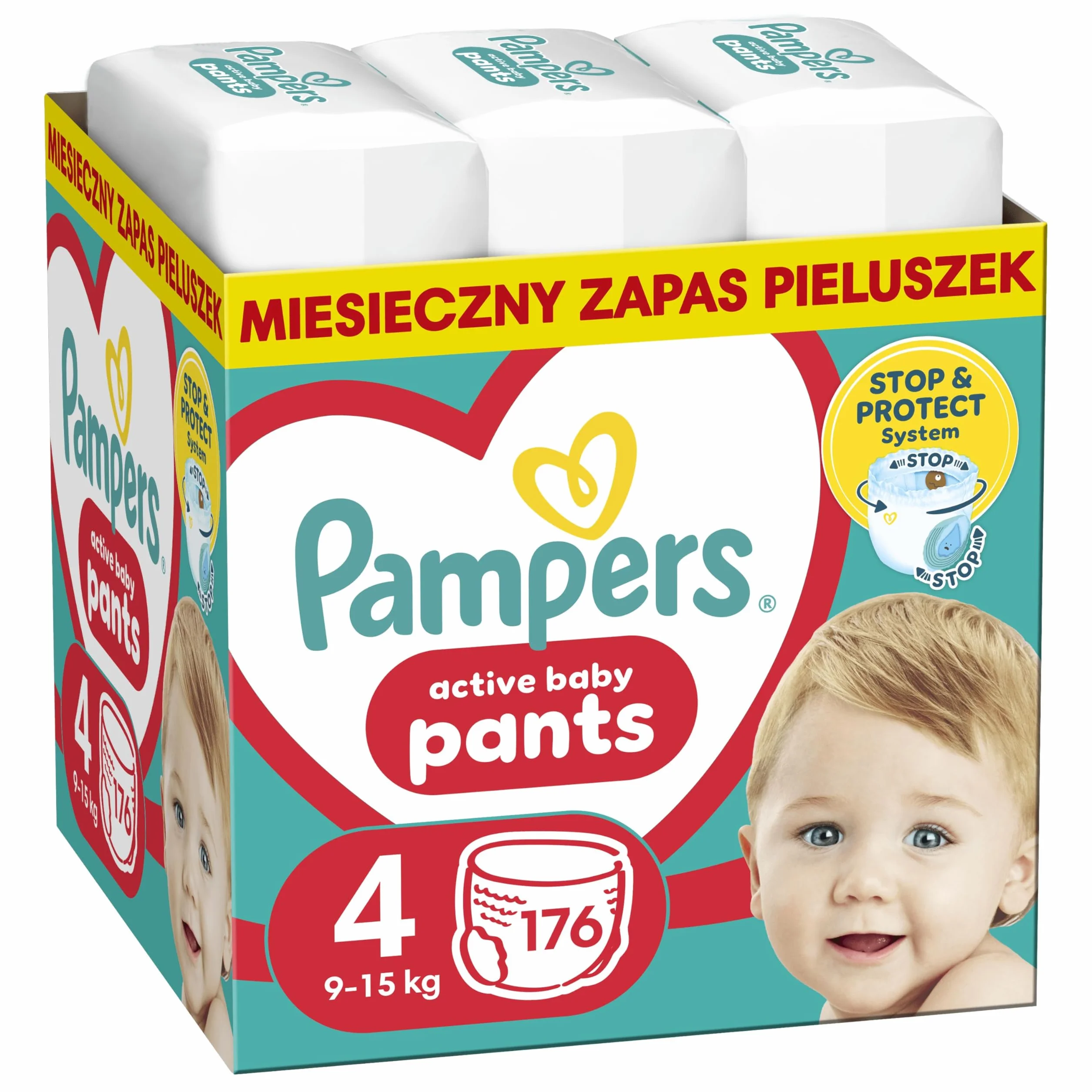 Pampers Pants Pieluchomajtki Rozmiar 4 (9-15kg), 176 Sztuk, Pieluchy z Kieszonką Stop & Protect Zapobiegającą Przeciekaniu z Tyłu