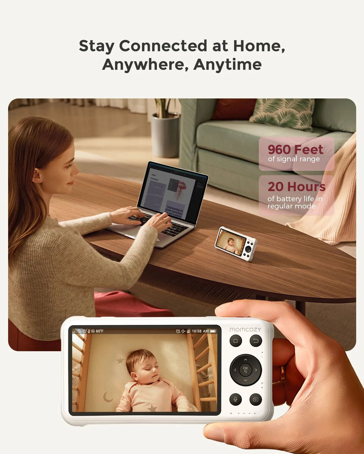 Monitor wideo dla niemowląt Momcozy BM04, 5-calowy monitor Wi-Fi 1080P, 4-krotny zoom, wykrywanie ruchu i płaczu, bezpieczna strefa, wyraźny obraz w nocy