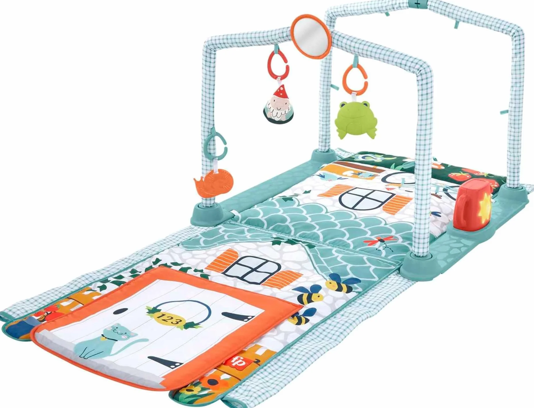 Fisher-Price Edukacyjna mata 3 w 1 z dźwiękami Domek Odkrywcy, mata do zabawy na brzuszku i tunel do raczkowania, od niemowlaka po starsze dziecko, HJK45