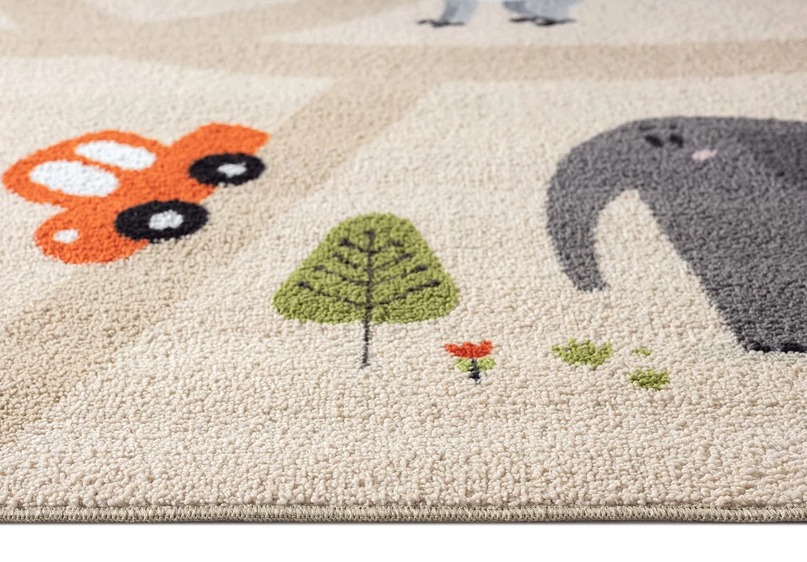 the carpet Happy Life - Pokój dziecięcy, dywan dziecięcy, mata do zabawy, można prać, dywan z drogami, drogi, dżungla, zwierzęta, samochód., Beżowy-1, 80 x 150 cm