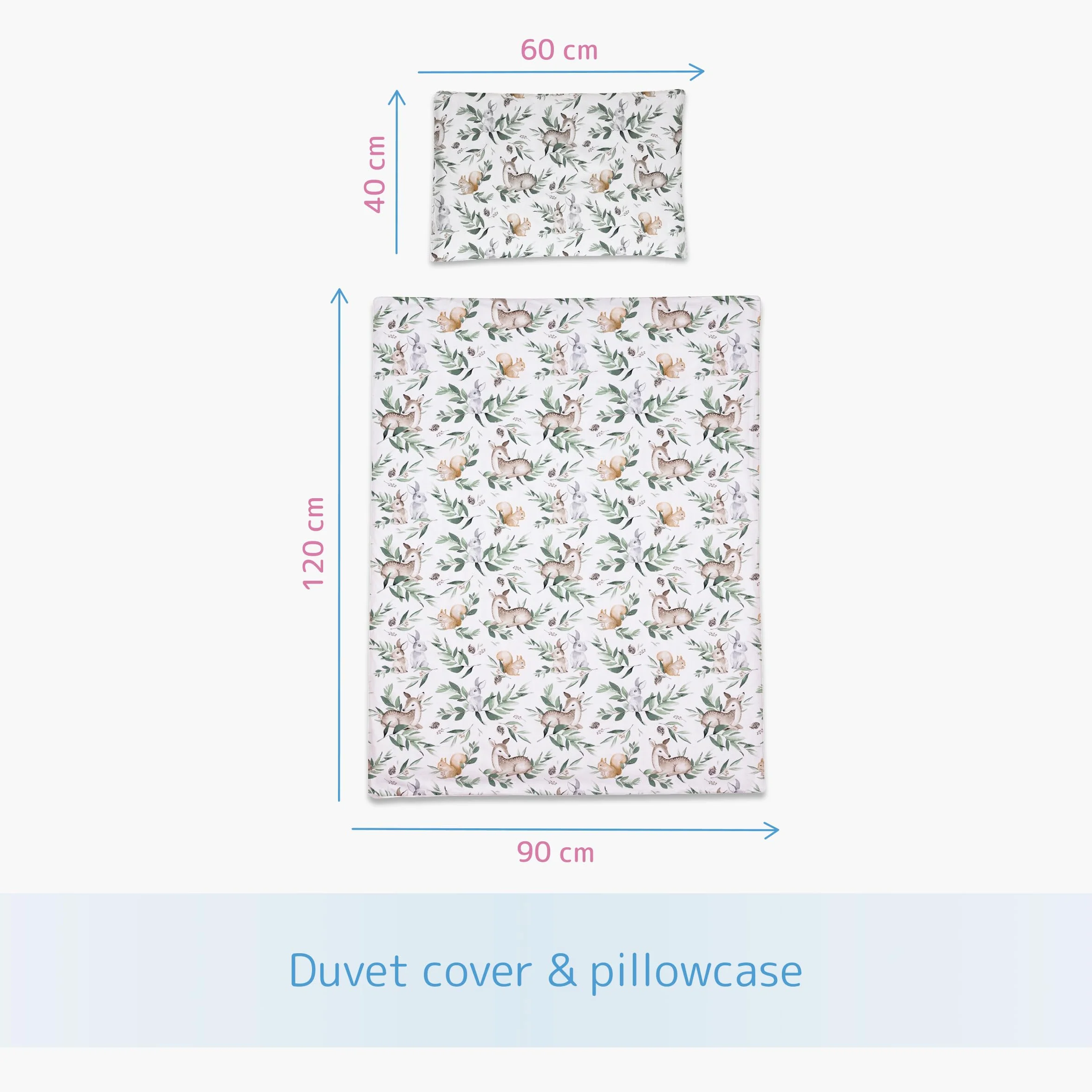 2-częściowy zestaw pościeli dla niemowląt 120 x 90 cm, poszewka na kołdrę i poszewka na poduszkę do łóżeczka dziecięcego (las)
