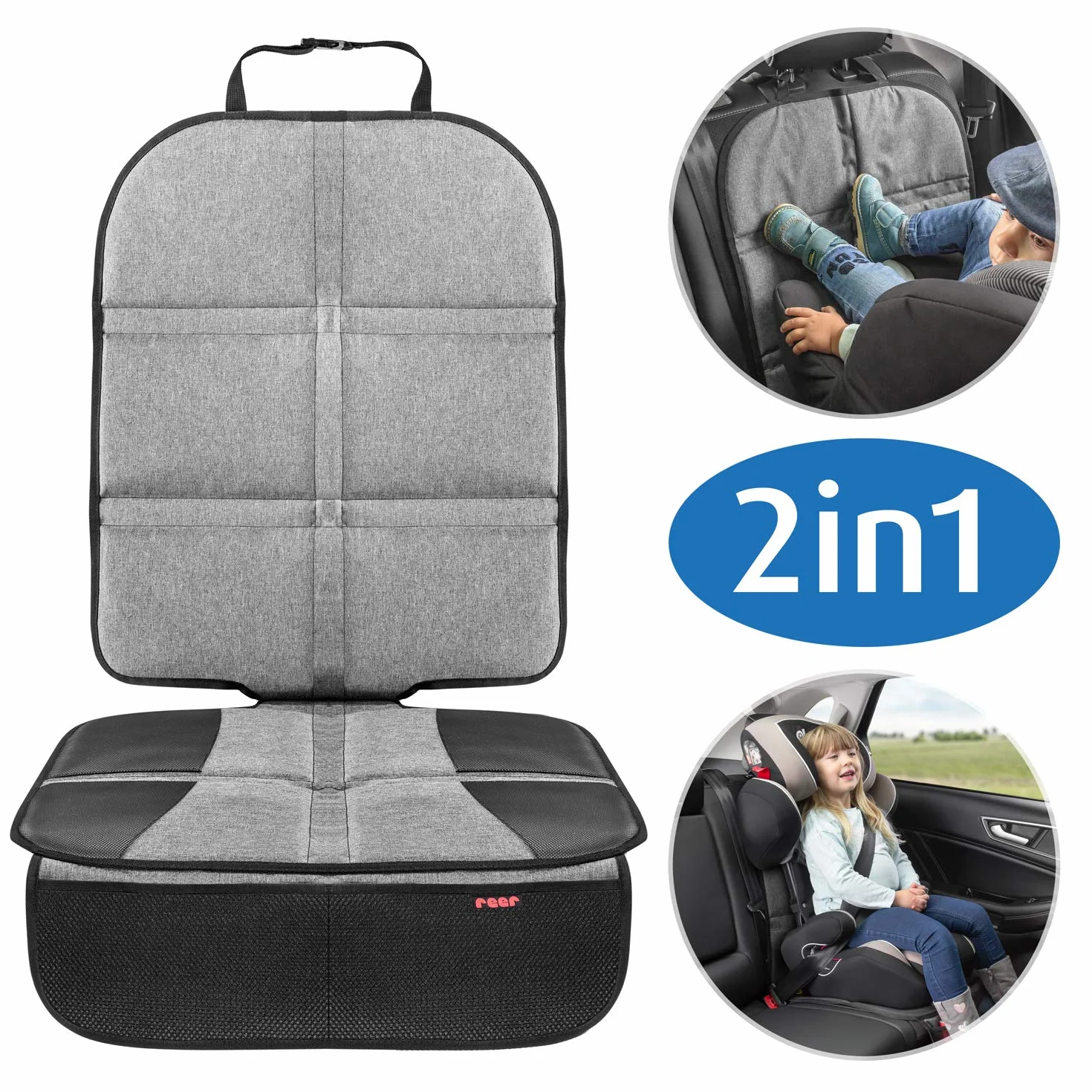 reer Podkładka pod fotelik dziecięcy TravelKid MaxiProtect, podkładka ochronna na fotel samochodowy z ochroną oparcia, antypoślizgowa podkładka, nadaje się do wszystkich tradycyjnych modeli, szara