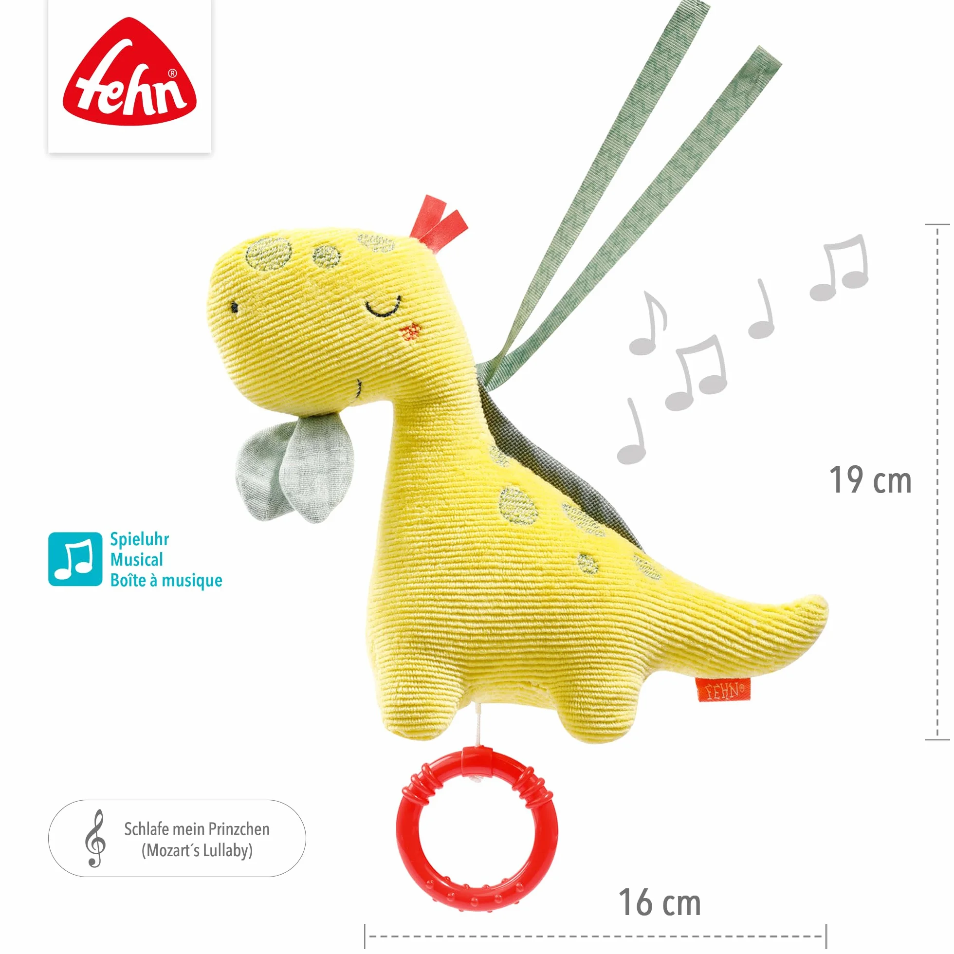 Fehn Mini-Spieluhr Dino – Kuscheltier & Einschlafhilfe mit Mozarts Wiegenlied für Babys & Kleinkinder