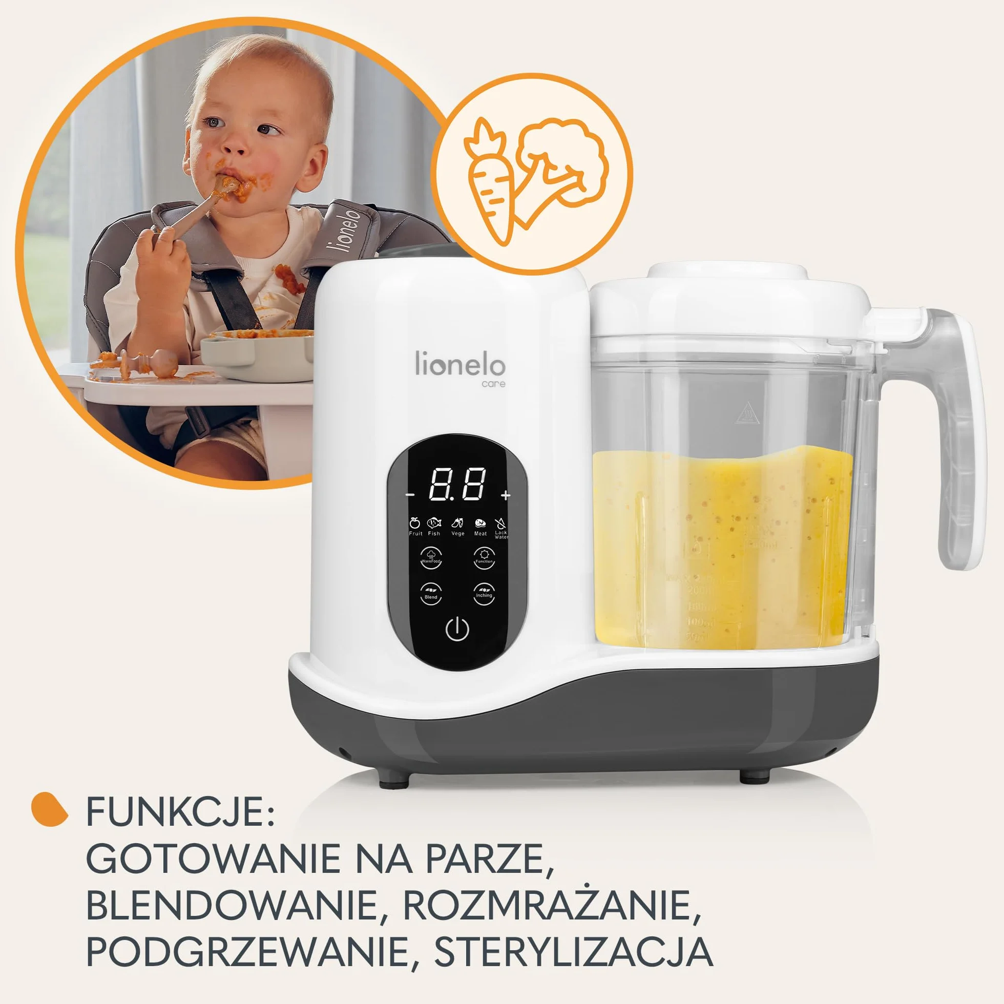 LIONELO BABYMENU Wielofunkcyjny Robot Kuchenny dla Niemowląt 300 4 Programy Gotowanie na Parze Blendowanie Podgrzewanie Rozmrażanie