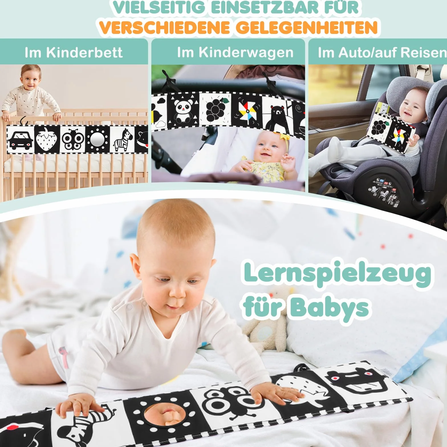 Black & White książka dla niemowląt, książka z kontrastem dla niemowląt, z materiału, dla niemowląt, dla dzieci 0, 3, 6, 9, 12 miesięcy, prezent dla noworodka