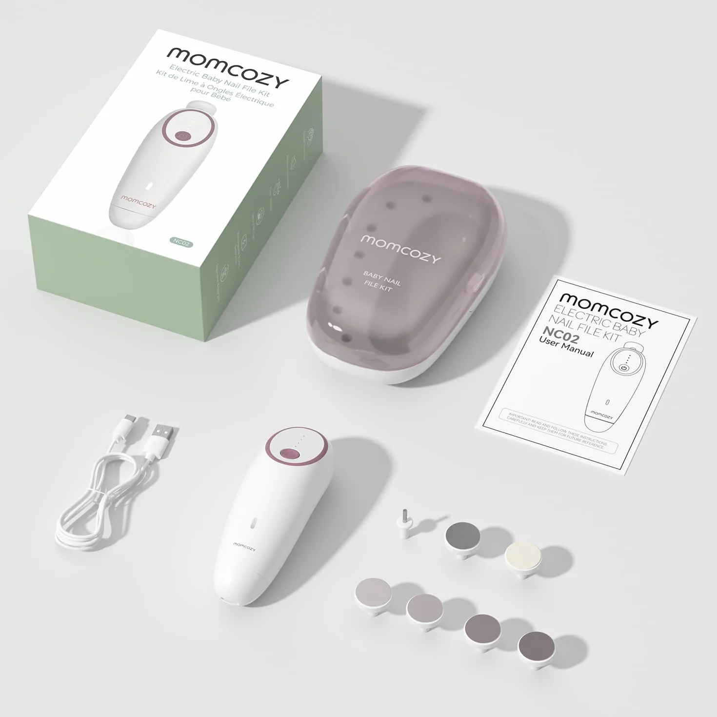 Momcozy Elektryczny pilnik do paznokci dla niemowląt, ładowalny, delikatny trymer, lampka nocna, 7 podkładek, różowy