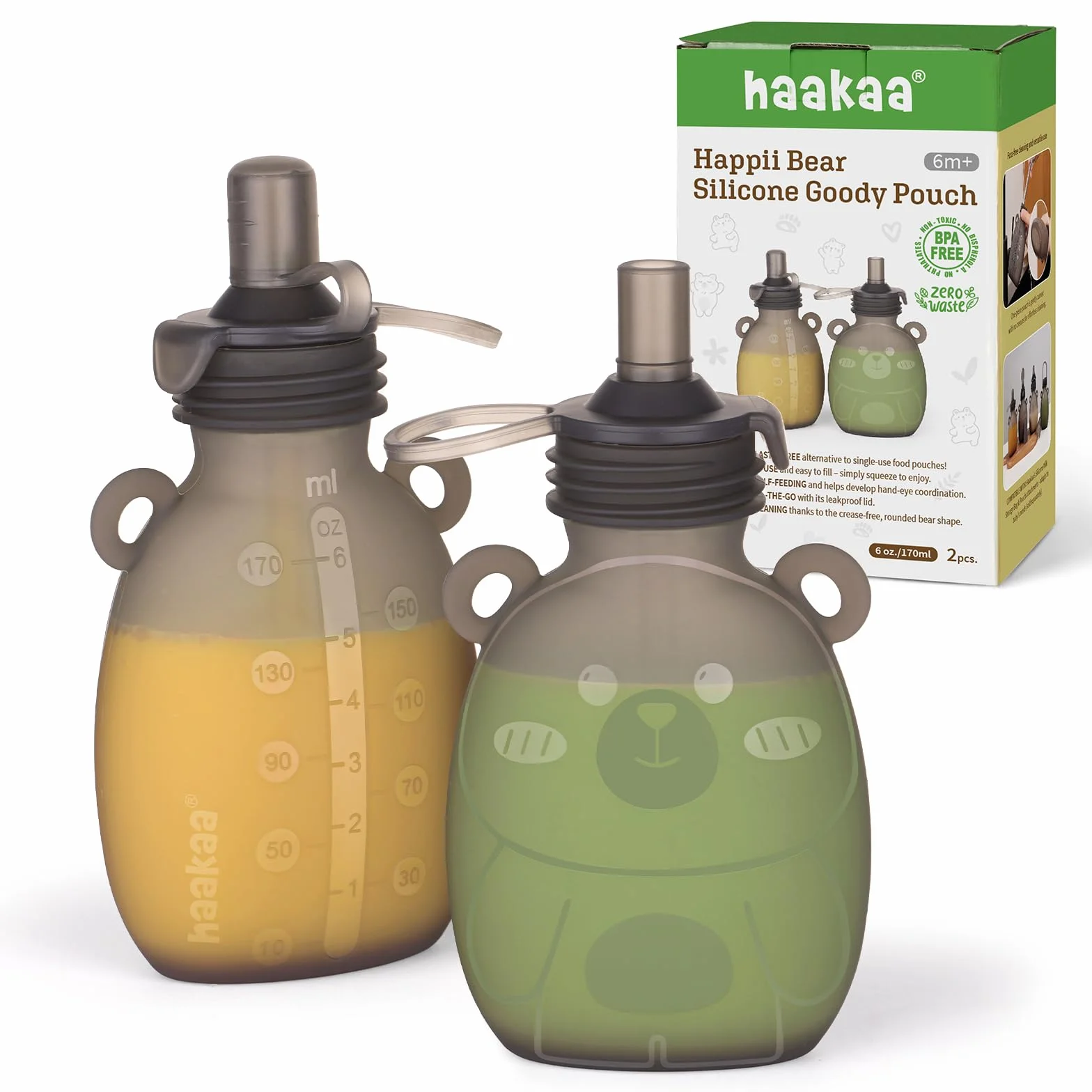 haakaa Happii niedźwiedź silikonowy woreczek na smakołyki, wielokrotnego użytku woreczki na żywność dla niemowląt do domowych organicznych przecierów, soków, smoothie i jogurtu, idealne dla małych