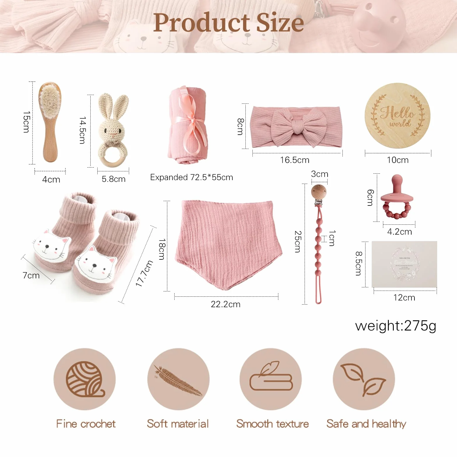 WOODEN TEETHER Zestaw 10-częściowy dla dziewczynki, prezent dla dziewczynki i chłopca dla noworodka, ręczniki kąpielowe, uchwyt na smoczek, dzwoneczek, kartki z kamieniami milowymi, fartuchy