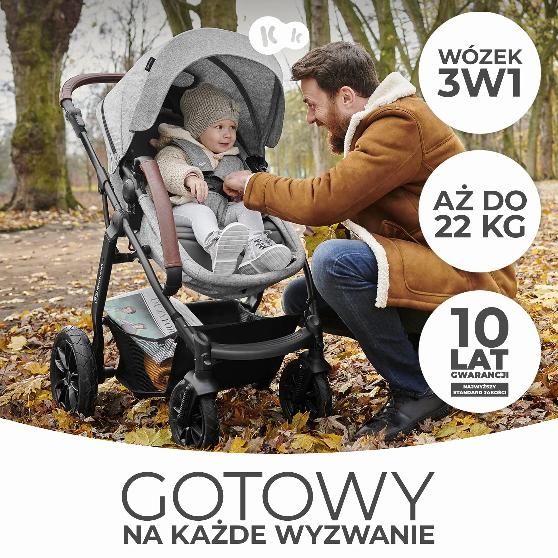 Kinderkraft MOOV 3w1 Wielofunkcyjny Wózek Dziecięcy Spacerówka Travel System Fotelik Samochodowy 22 kg Szary