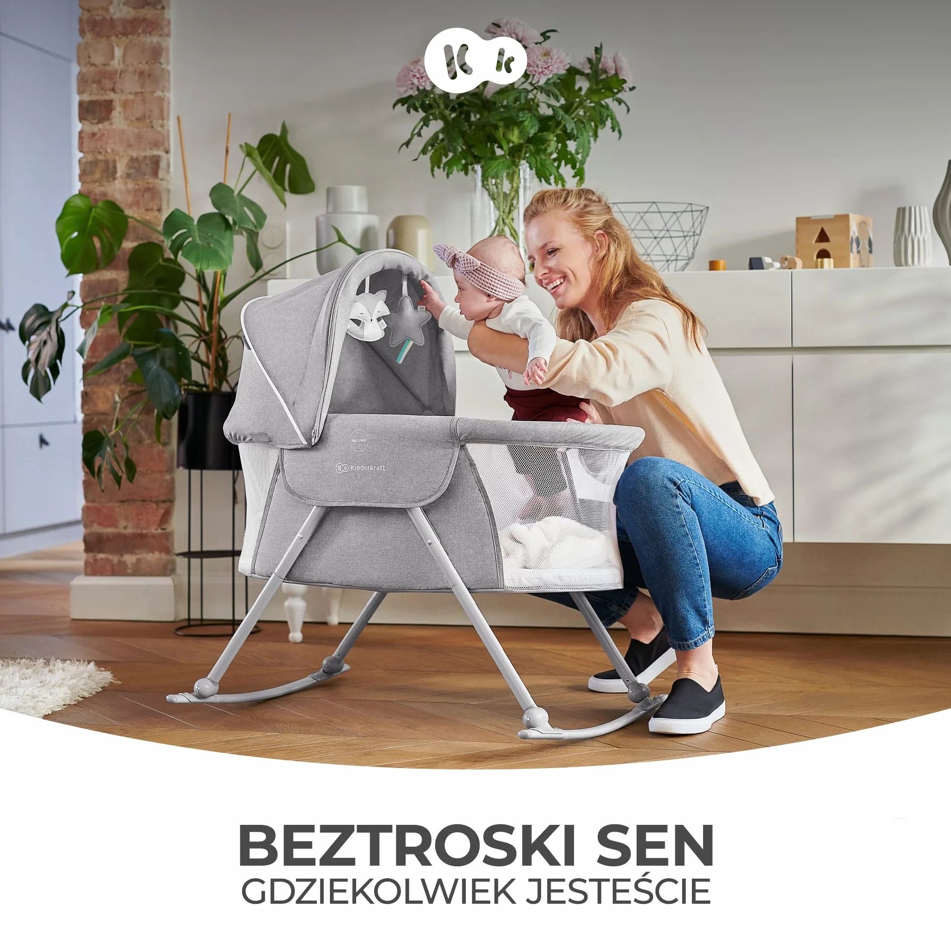 Kinderkraft Łóżeczko dziecięce 3w1 LOVI, Łóżko turystyczne, Kołyska, Beżowy