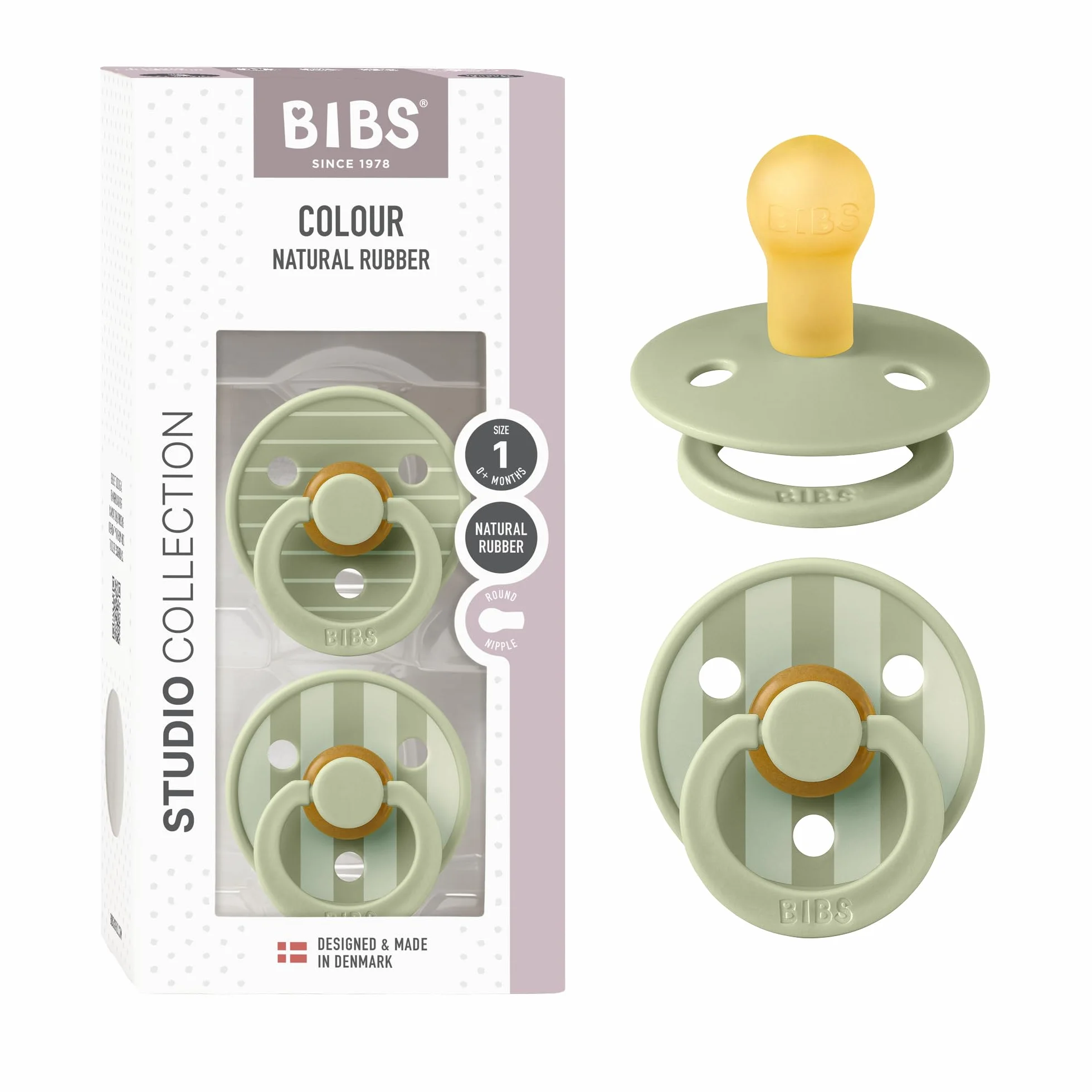 BIBS Colour Studio smoczek, 2 sztuki, nie zawiera BPA, sutki w kształcie wiśni, kauczuk naturalny/lateks, wyprodukowano w Danii, rozmiar 1 (0-6 miesięcy), Pin Sage