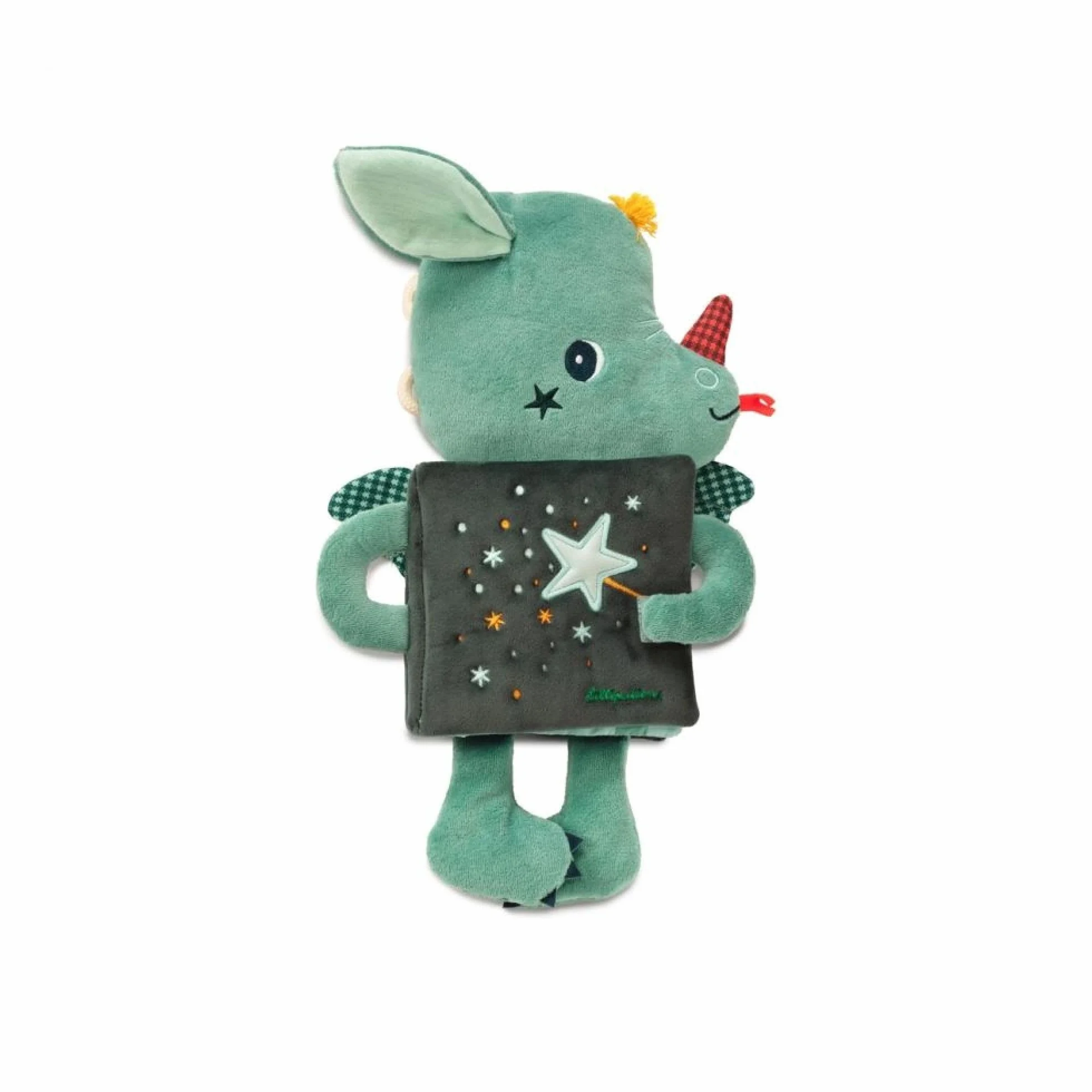 Lilliputiens Książka edukacyjna Doudou Joe the Dragon Mag 2 w 1 sensoryczna zabawka dla dzieci od 6 miesięcy fosforescencja