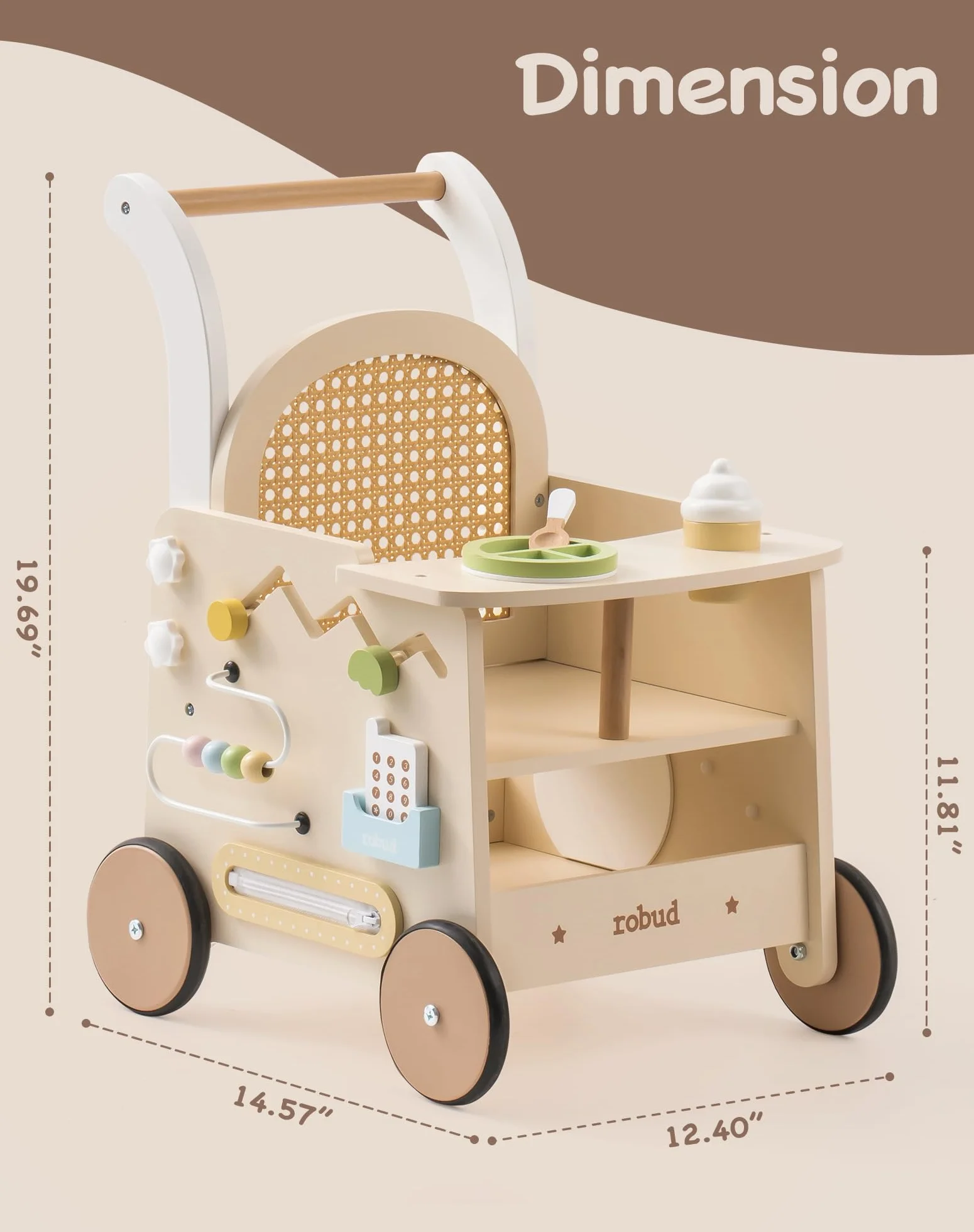 ROBUD Drewniany pomocnik do nauki chodzenia Baby Walker 2 w 1, wózek do nauki chodzenia z Montessori Busy Activity Board, hamulec bezpieczeństwa, zabawka na spacery, prezent