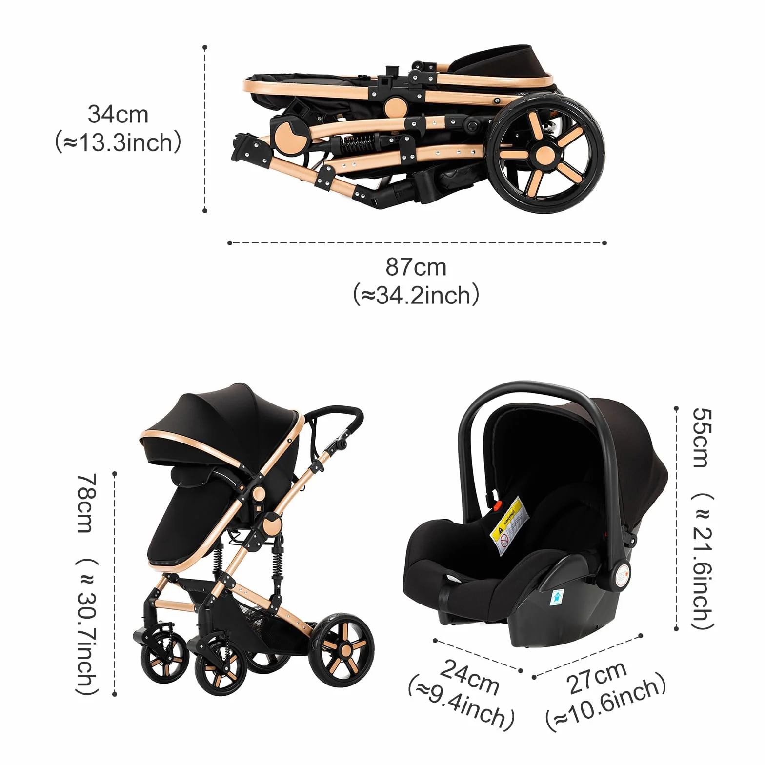 Wózek dziecięcy Reborn 3 w 1 z ramą ze stopu aluminium, dwa odwracalne tryby przesuwania