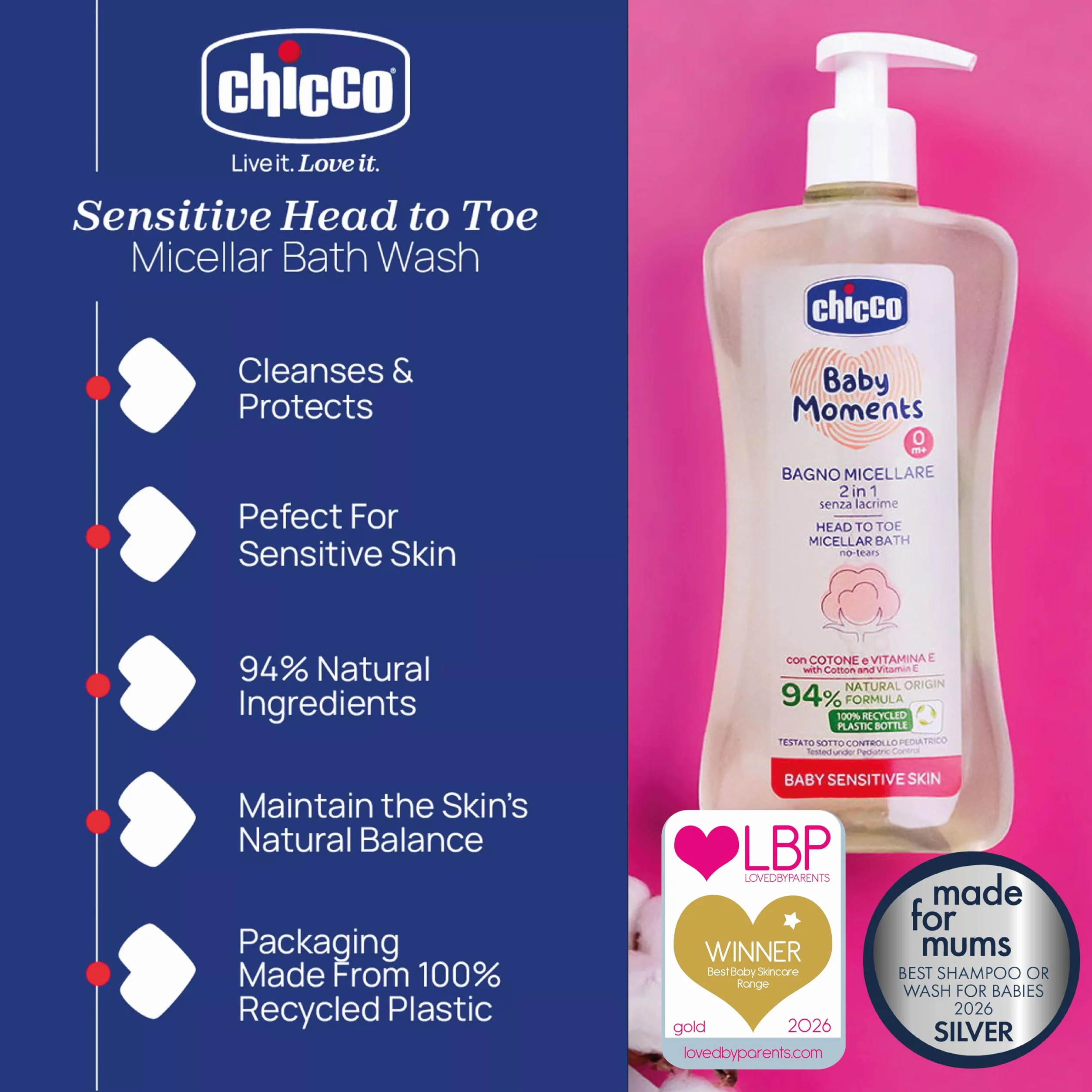 Chicco Micelarny Płyn do Kąpieli 2 w 1, Dla Dzieci od 0 m+, Bez Łez, 500 ml