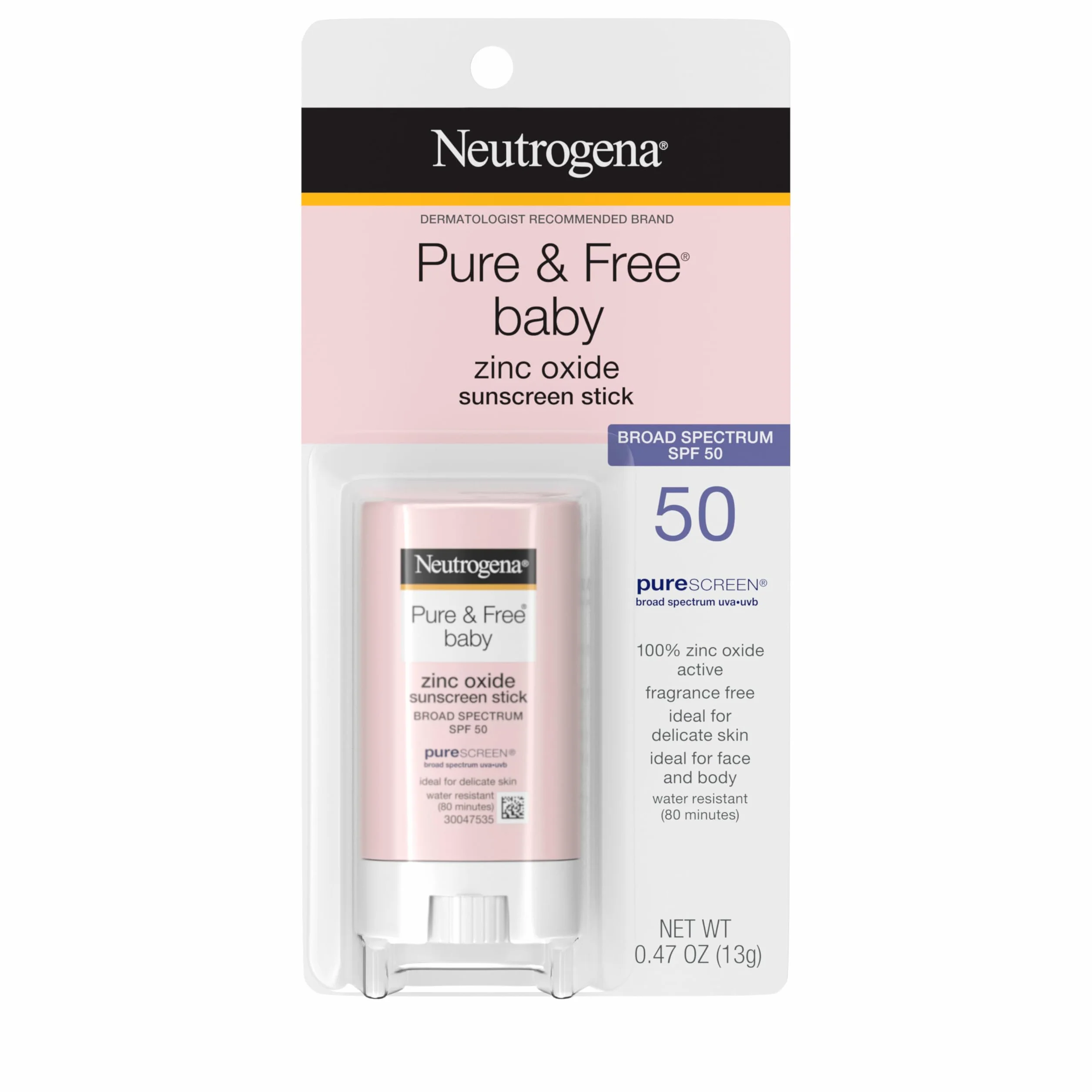 Neutrogena Pure & Free Baby Mineral Sunscreen Stick with Broad Spectrum SPF 50 & Zinc Oxide, Water-Resistant, Hypoallergenic, Paraben-, Dye- & PABA-Free Baby Face & Body Sunscreen, 0.47 oz