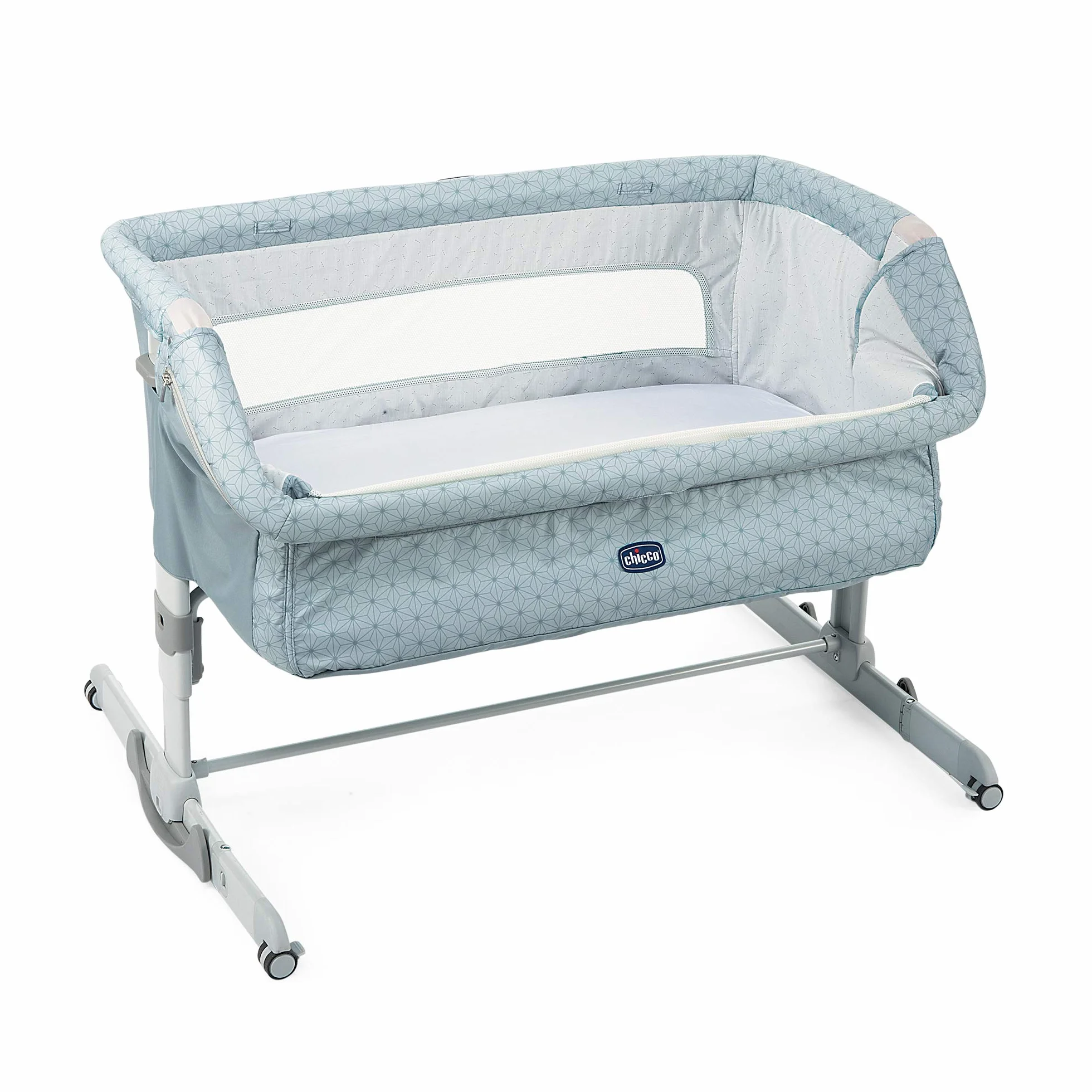 Chicco Next2Me Dream, Łóżeczko dziecięce boczne, łóżeczko do wspólnego spania, otwierany tył, regulowana wysokość, 4 koła i torba podróżna, 0-6 miesięcy, 9 kg, jasnoniebieski
