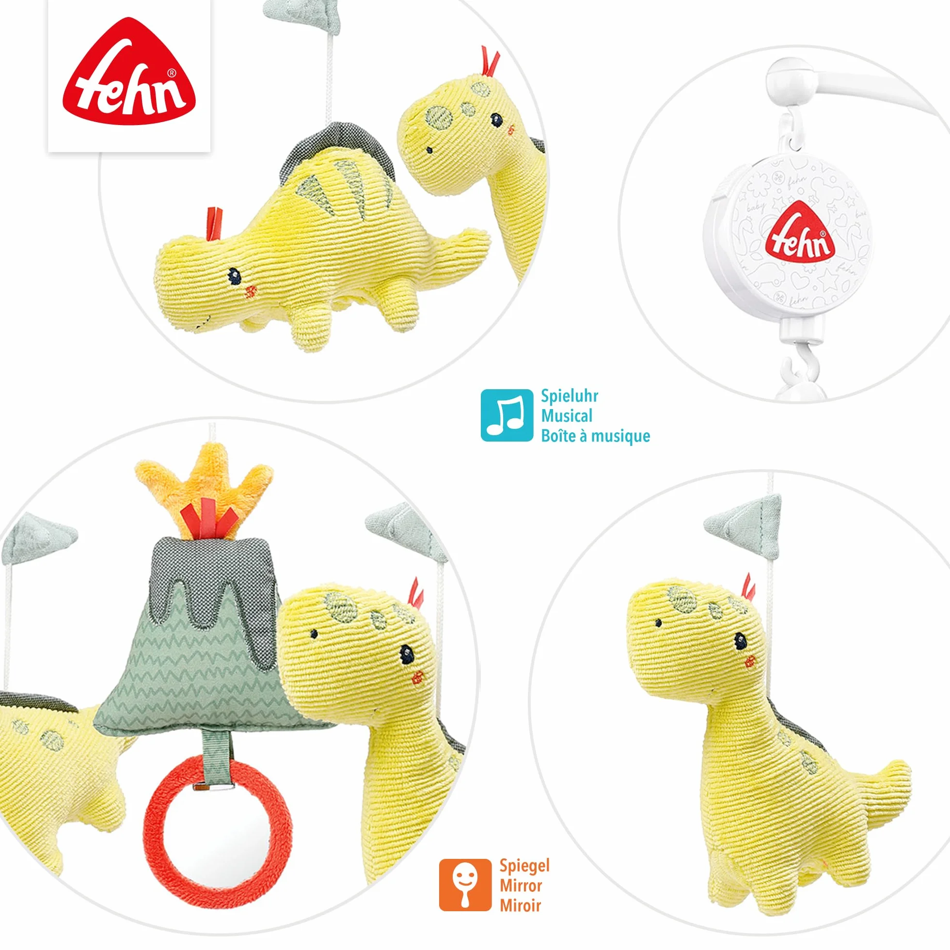 Fehn Musik-Mobile Happy Dino Aufzieh-Mobile mit Spieluhr-Melodie Brahms Wiegenlied und Figuren zur Beruhigung & Beschäftigung mit Bett-Befestigung für Babys von 0-5 Monaten