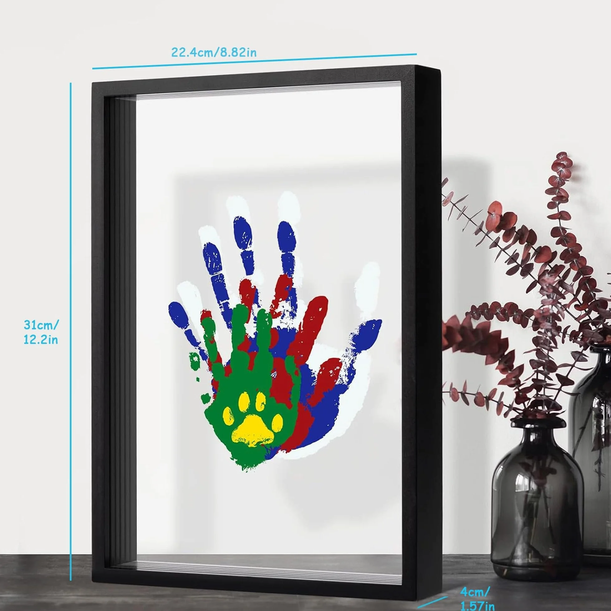 QSLKI Family Handprint Kit Clear Diy Craft Pamiątki Drewniane Ramy, Czarny, Rodzinny Zestaw Pamiątek Dłoni i Stóp, Cztery Przegrody Sześć Farb, Dziecięcy Odcisk Ręki i Stóp Zestaw, Rodzinny Pamiątek D
