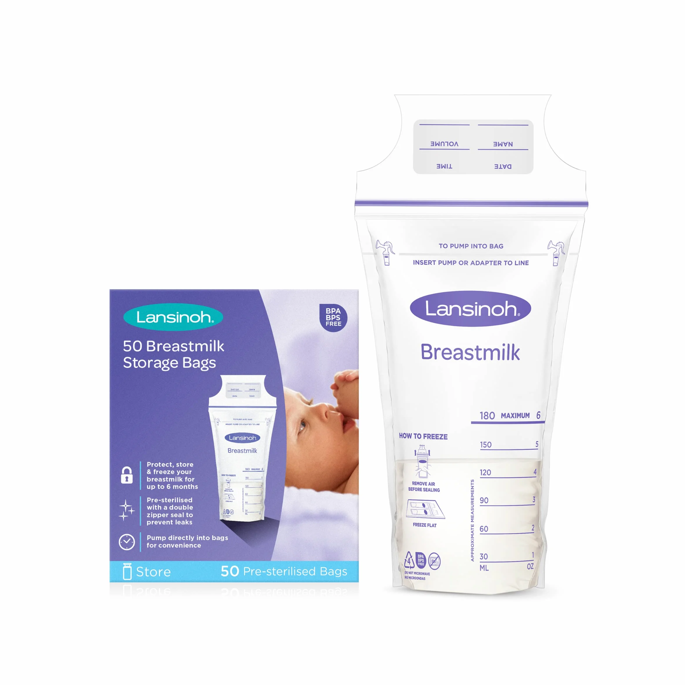 Lansinoh Breast Milk Storage Bags Breastmilk Pouches for fridge or freezer use, store flat or standing, BPA and BPS free, pre-sterilised, double zipper seal, Pack of 50