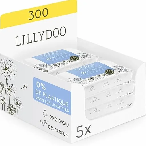 LILLYDOO Chusteczki nawilżane dla niemowląt z 99% wodą, 10 x 15 sztuk (150 chusteczek nawilżanych), w 100% bez plastiku, bez perfum i łagodnych jak wata i woda