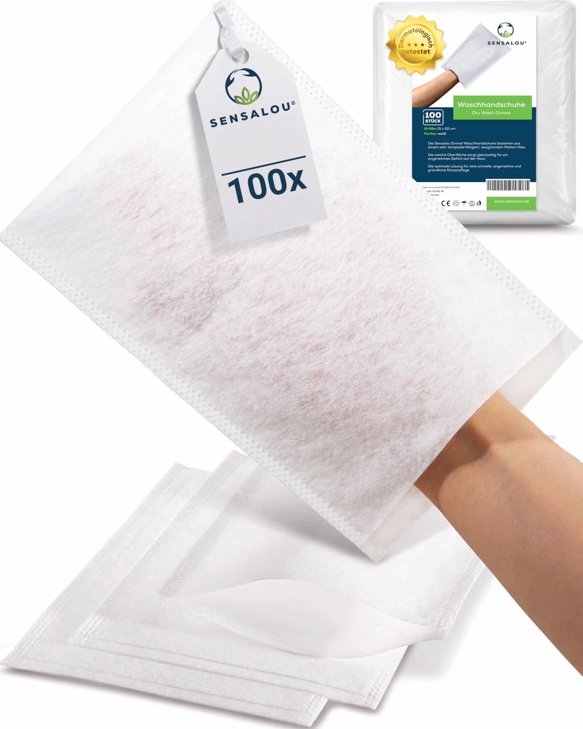 Sensalou Jednorazowe Rękawice Do Mycia Wodoodporne 100 Sztuk 12 x 22 cm Chusteczki Do Higieny Intymnej Mikrofibra Nonwoven Miękkie i Wytrzymałe Dla Dorosłych Dzieci Niemowląt Białe