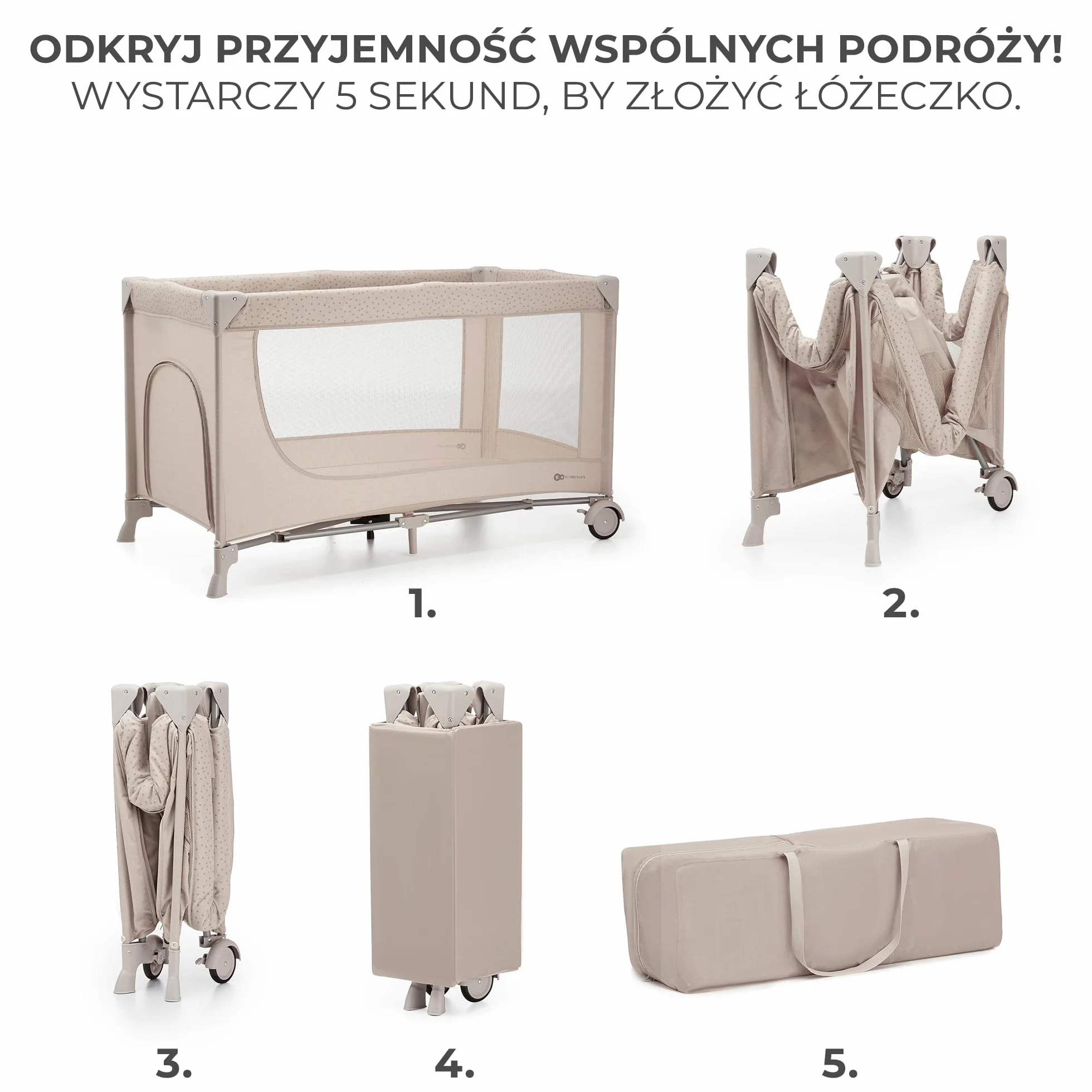 Kinderkraft JOY 2 Łóżeczko turystyczne 2 w 1, Boczne wejście, Szybkie składanie i rozkładanie, Zabezpieczenie przed złożeniem, Kółka i torba ułatwiające transport, Beżowy