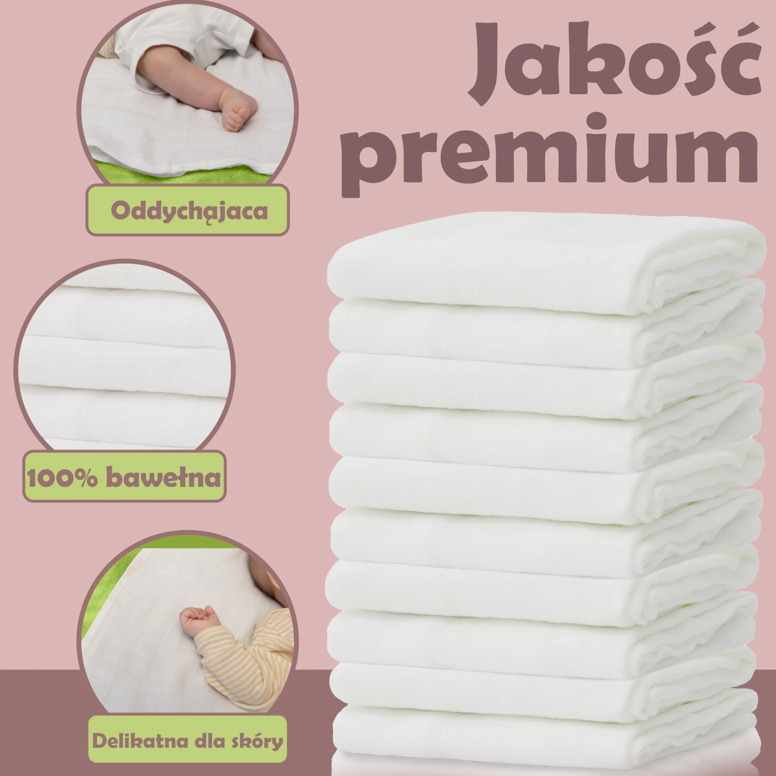 NatureMark Zestaw 10 pieluszek muślinowych dla niemowląt – 100% bawełna – Miękkie i chłonne ściereczki do karmienia i pielęgnacji dziecka, pieluszki i śliniaczki, 70x70 cm, Białe