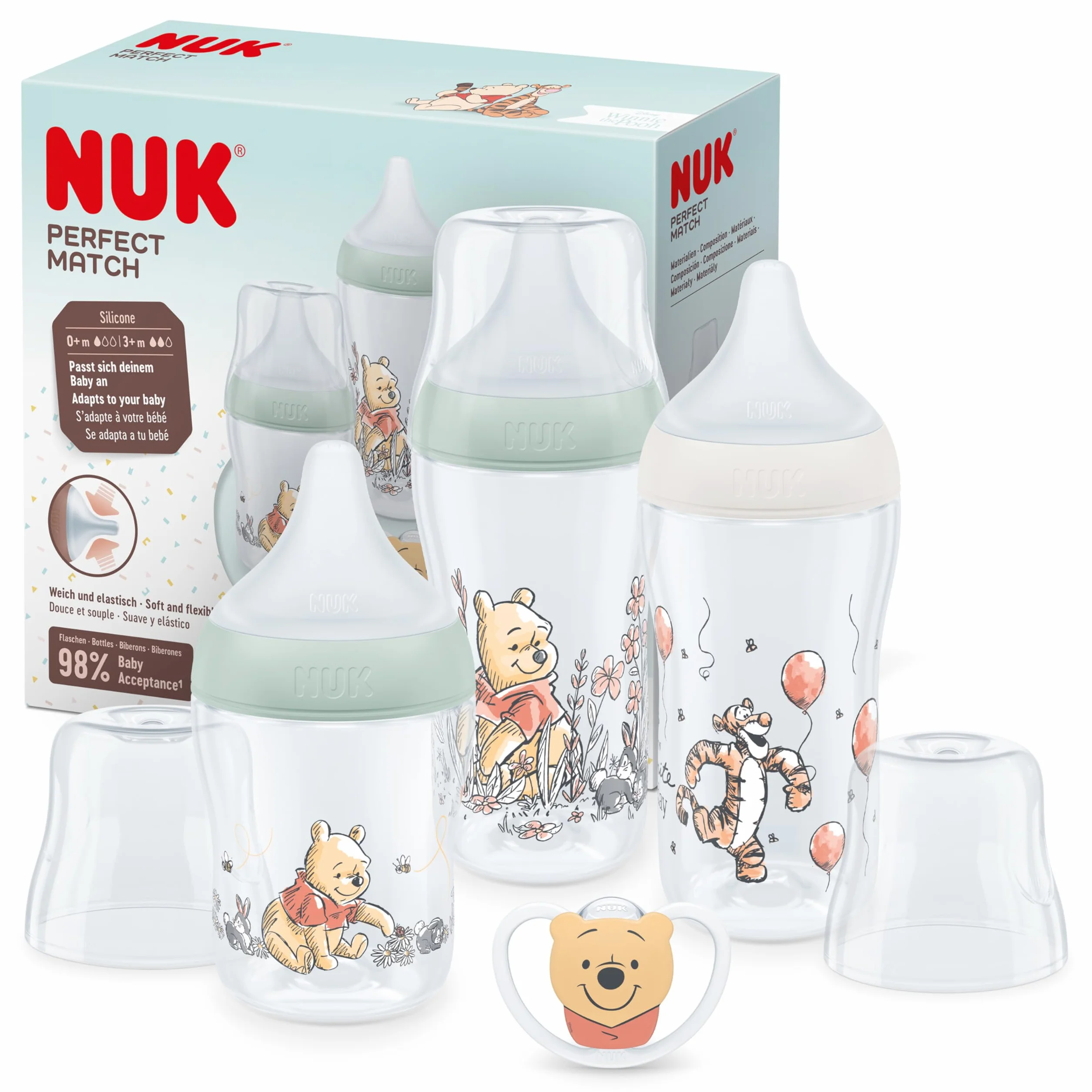 NUK Perfect Match Zestaw butelek dla niemowląt, 0-6+ miesięcy, pasuje do podniebienia dziecka, 3 butelki antykolkowe i smoczek Space, bez BPA, Disney Kubuś Puchatek, 4 szt