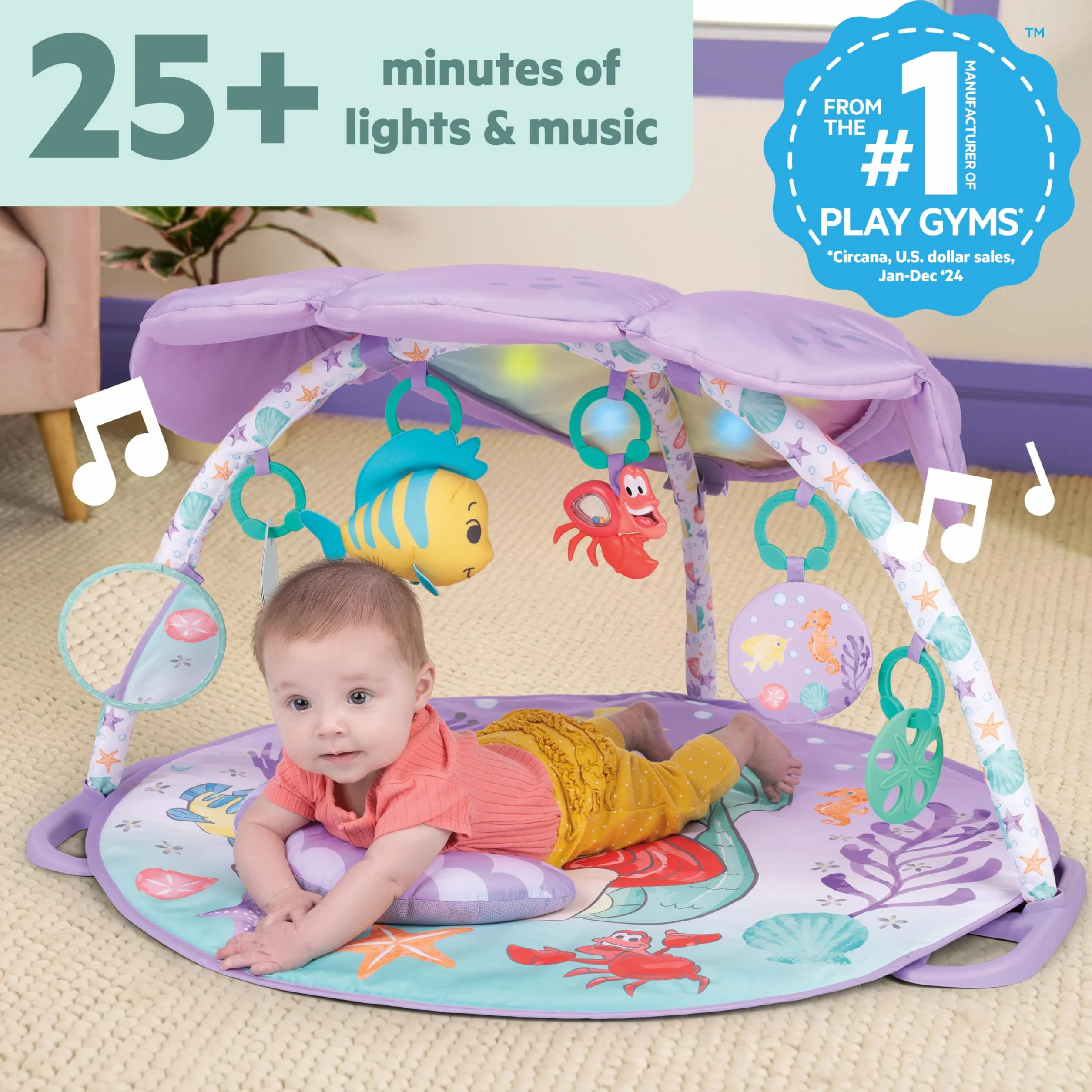 Bright Starts, Disney Baby, Mała Syrenka Twinkle Trove Light-Up Musical Baby Activity Gym, ponad 25 min melodii, 6 zabawek, wiek noworodek +, fioletowy