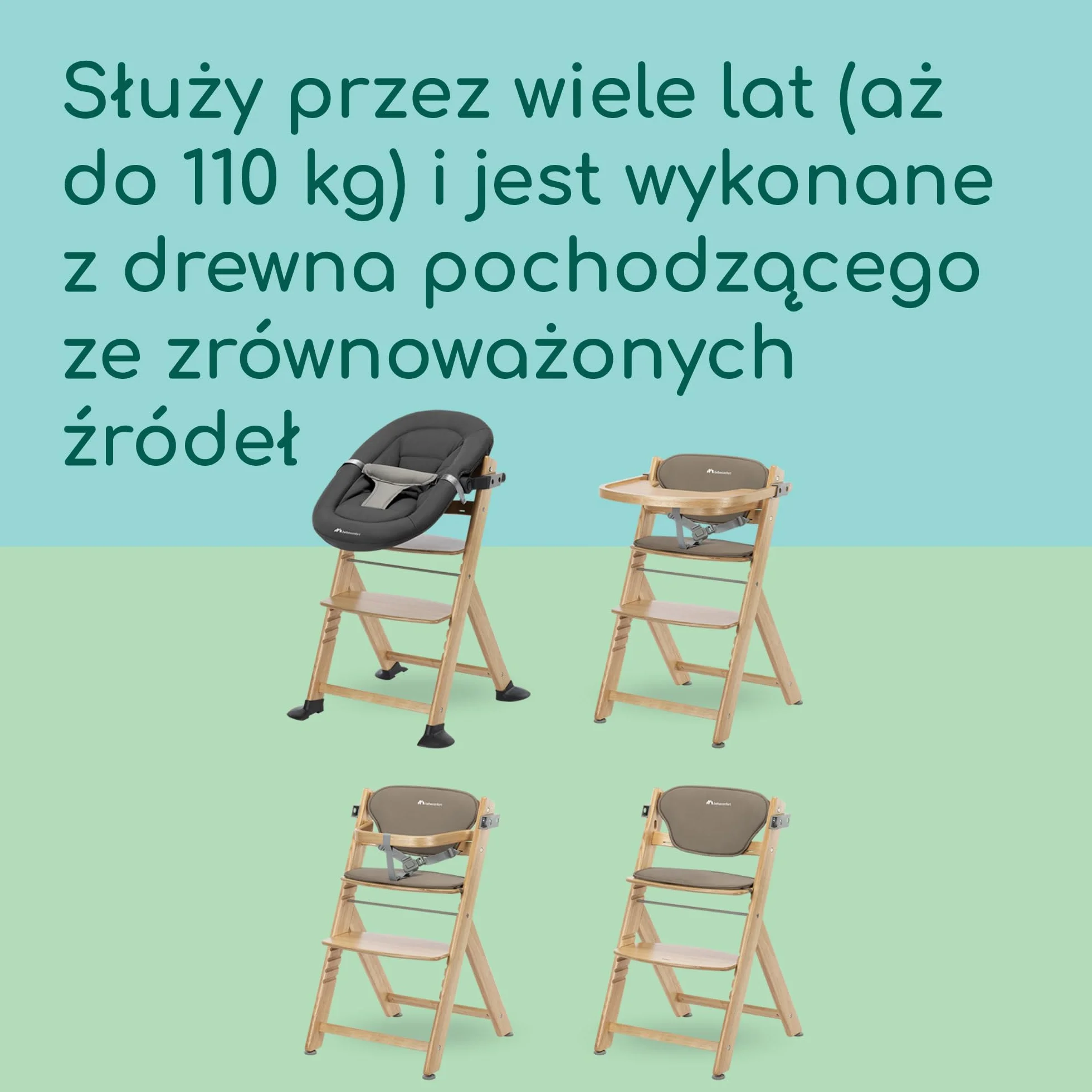 Bebeconfort Timba 2 z Poduszką, Krzesełko Dziecięce Drewniane, 6+ Miesięcy, Do 110 kg, Ergonomiczne Krzesełko do Karmienia, Pasuje do Wielu Stołów, Wyjmowana Taca, Natural Wood + Beige