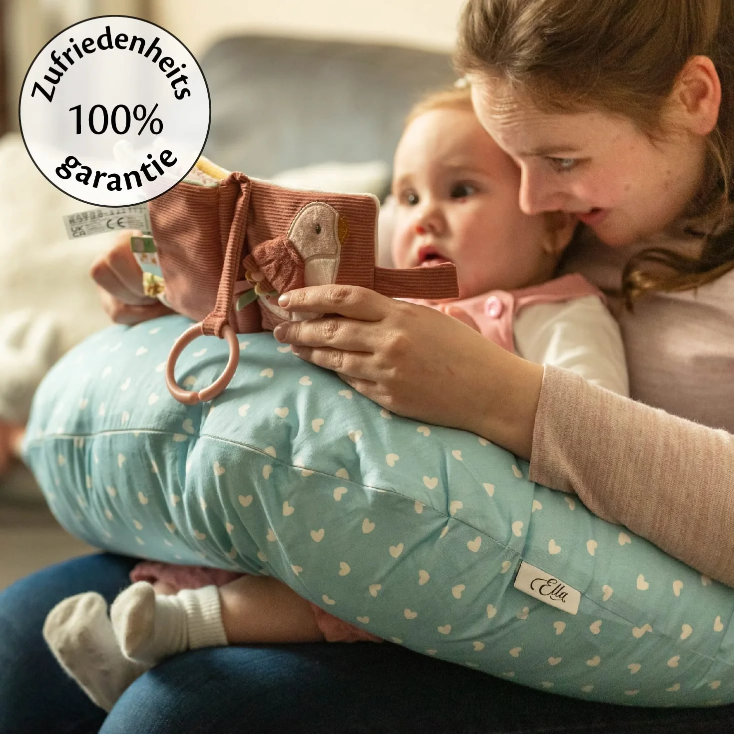 Ella Poduszka do karmienia – ergonomiczna poduszka dla niemowląt do wygodnego karmienia i karmienia niemowląt, wyściełany zagłówek dla niemowląt ze zdejmowaną bawełnianą poszewką - niebieska z sercami
