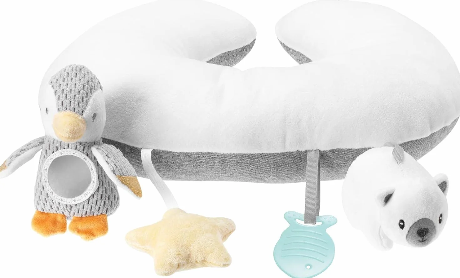 Nuby Petit Pinguin Tummy Time - interaktywna poduszka dla niemowląt, szara, odpowiednia od urodzenia