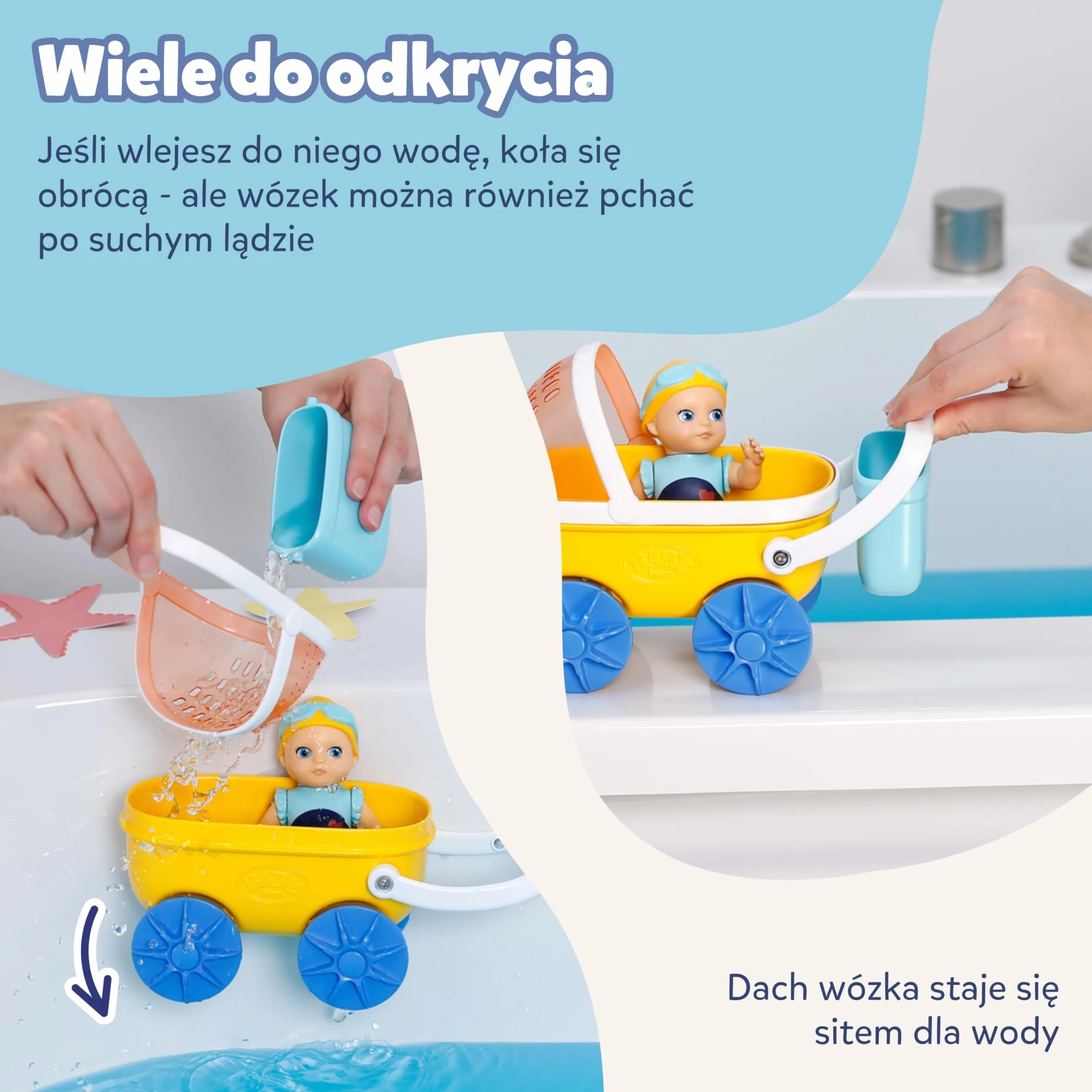 BABY born Splish Splash wózek z Emmą, interaktywna zabawka do kąpieli dla maluchów z nakręcanym pływaniem Emmą i wózkiem z osłoną przeciwsłoneczną i prawdziwymi kółkami roboczymi, zabawka do kąpieli