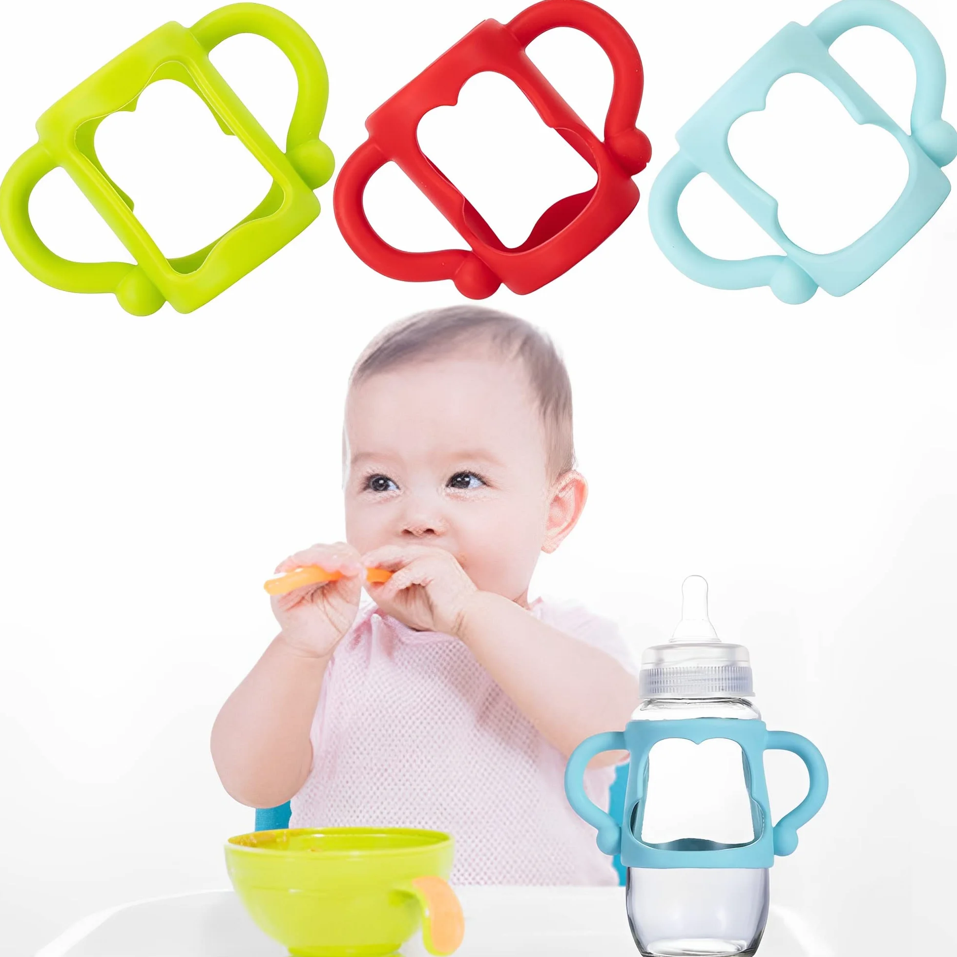 3 Sztuk Uchwyty do Butelki,Uchwyt Do Butelki Silikonowej,Plastikowy Uchwyt Do Karmienia,Karmienie Butelka Baby Butelka,dla Standardowy Szeroki Neck (3 Kolory)
