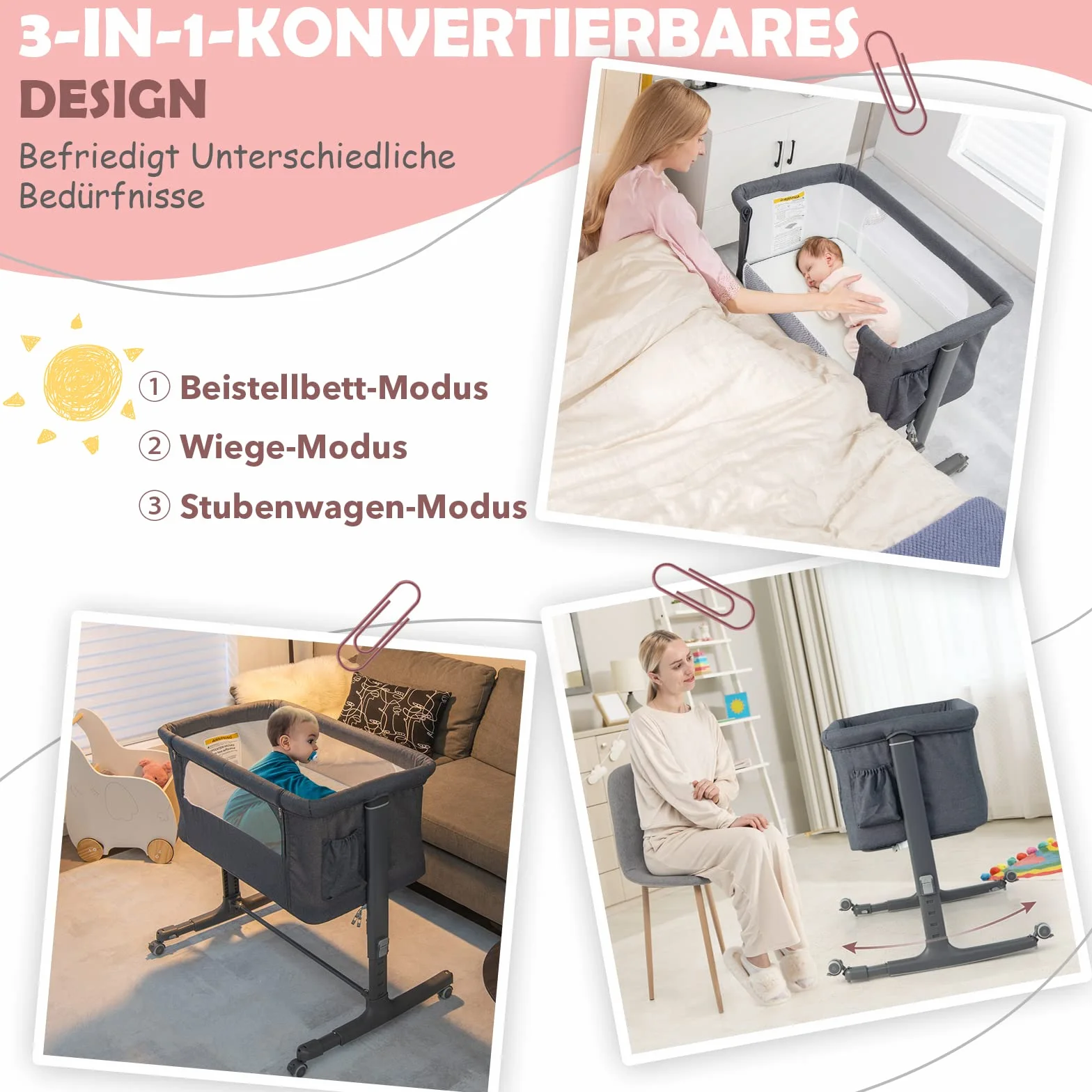 COSTWAY 3 in 1 Bassinet & Cradle & Travel Cot, 5-stopniowe łóżeczko dziecięce z regulacją wysokości, nachylenie 10°, łóżeczko z materacem, torba transportowa (ciemnoszary)