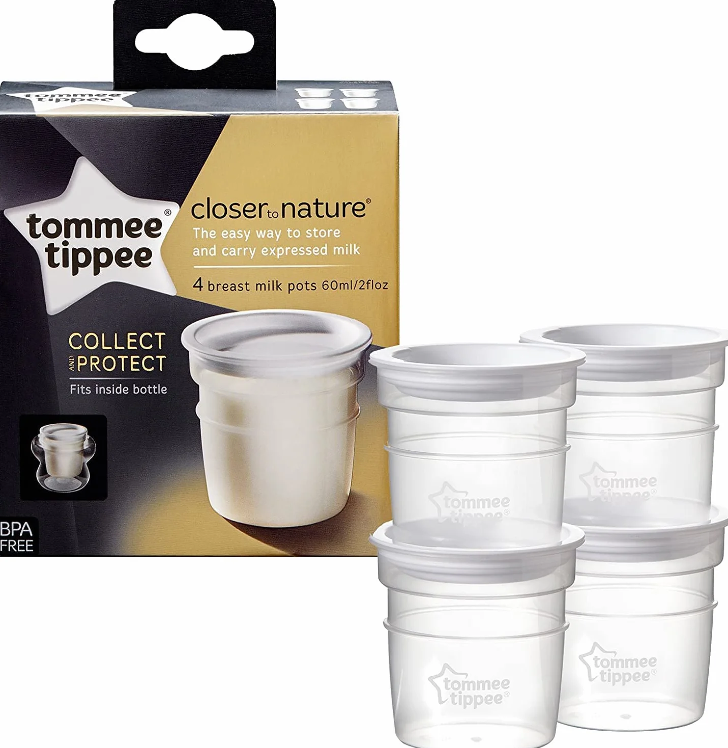 Tommee Tippee Closer to Nature Breast Milk Storage Pots with Lids, 60ml, Suitable for Fridge and Freezer, Pack of 4