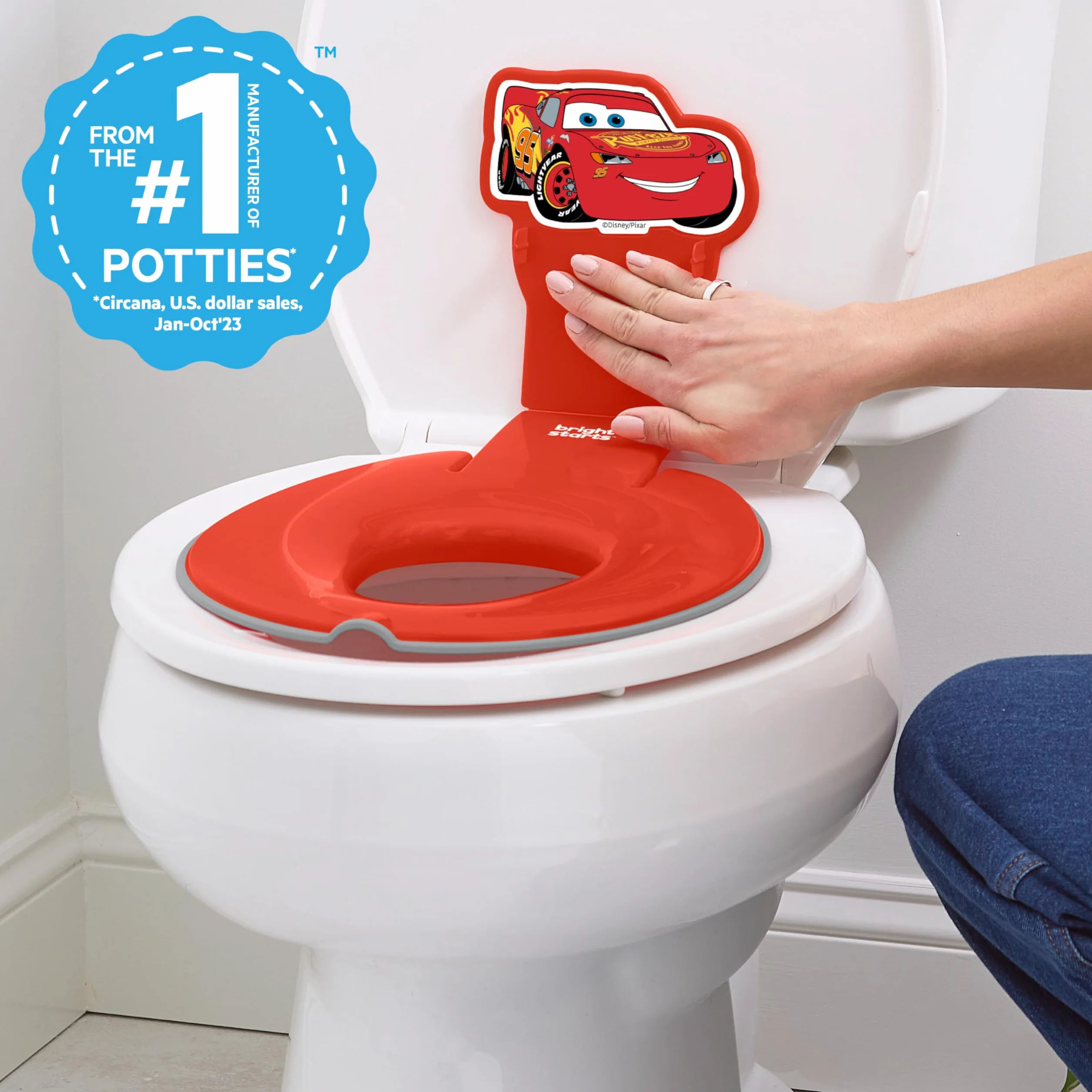 Bright Starts Disney Baby Cars Lightning McQueen Flip & Sit Potty, bezpiecznie mocuje się do toalety, oszczędzająca miejsce konstrukcja pasuje do większości toalet, łatwa do czyszczenia