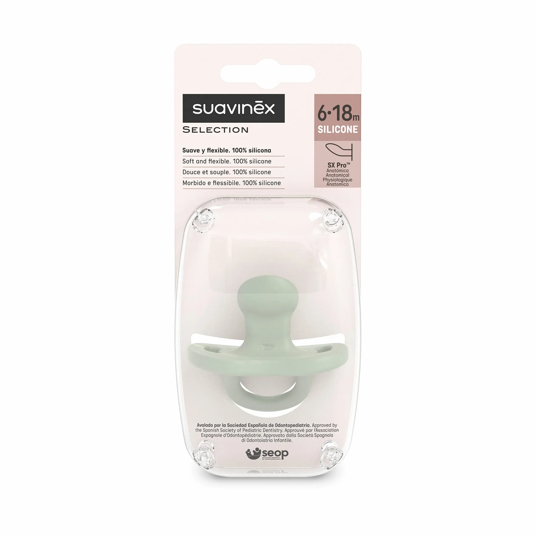Suavinex, Smoczek dla niemowląt 6/18 Miesiący, Sx Pro Anatomiczny Smoczek Sx Pro, Super biały i elastyczny, idealny do spania, Colour Essence, zielony