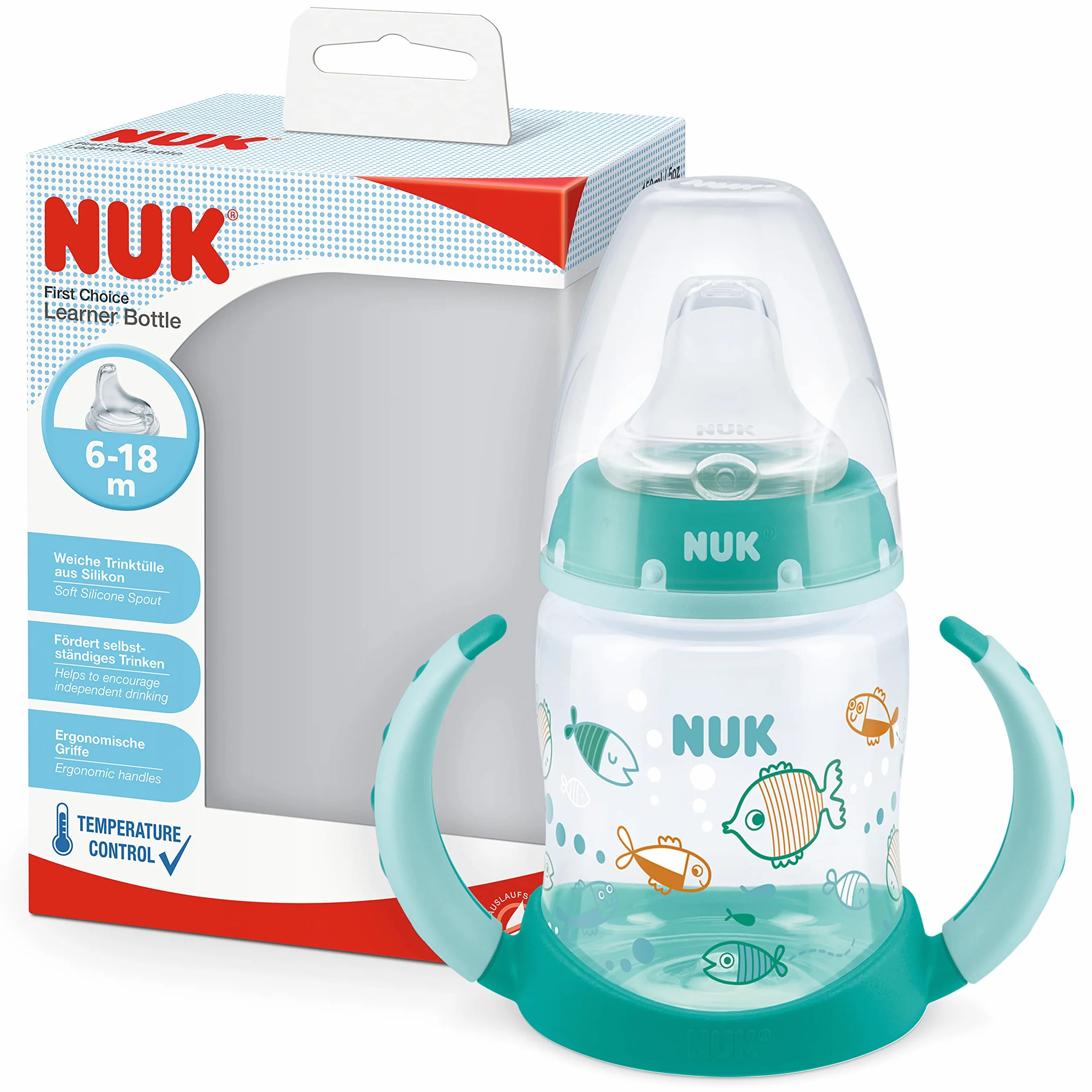 Kubek niekapek NUK First Choice | Wiek: od 6 do 18 miesiąca | 150 ml | Uchwyty i ortodontyczny silikonowy dziobek | Szczelna konstrukcja | System antykolkowy |Nie zawiera bisfenolu A | Zielony