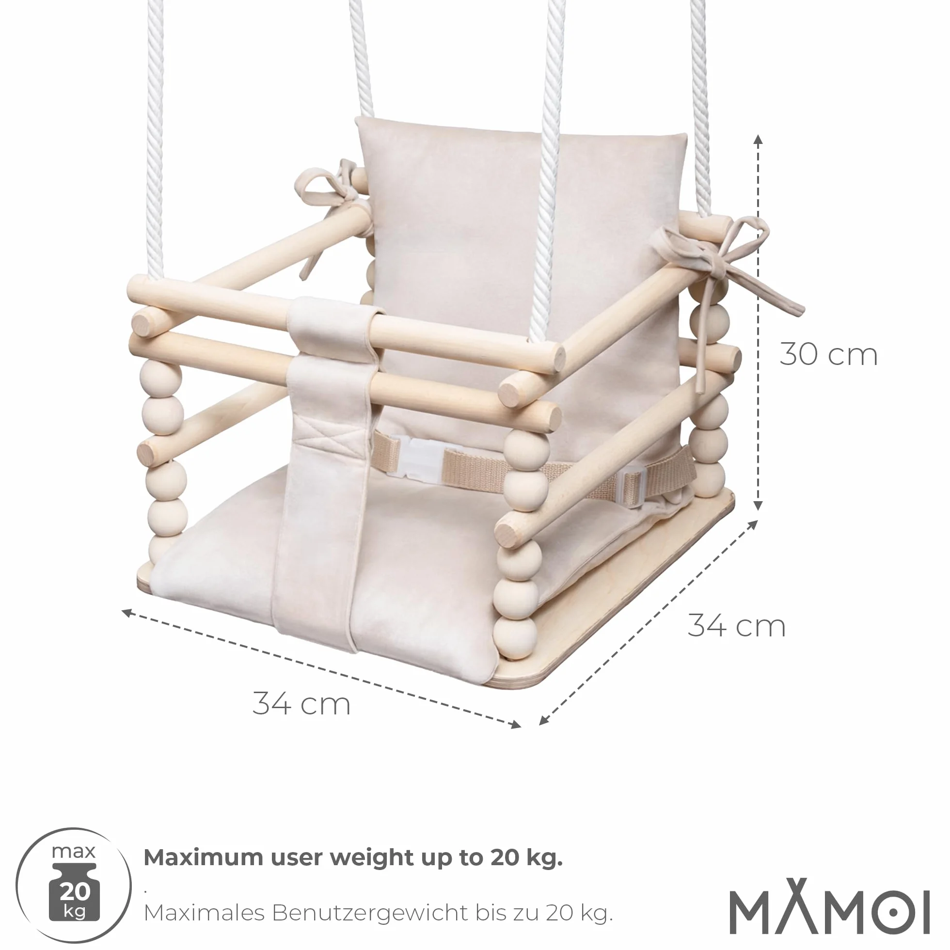 MAMOI® Huśtawka dziecięca 3 w 1 + PAS BEZPIECZEŃSTWA | Regulacja wysokości 190-260cm | Drewniana huśtawka dla dzieci | Wewnętrzna huśtawka dla dzieci do domu | CE | 100% ECO | Wyprodukowano w UE