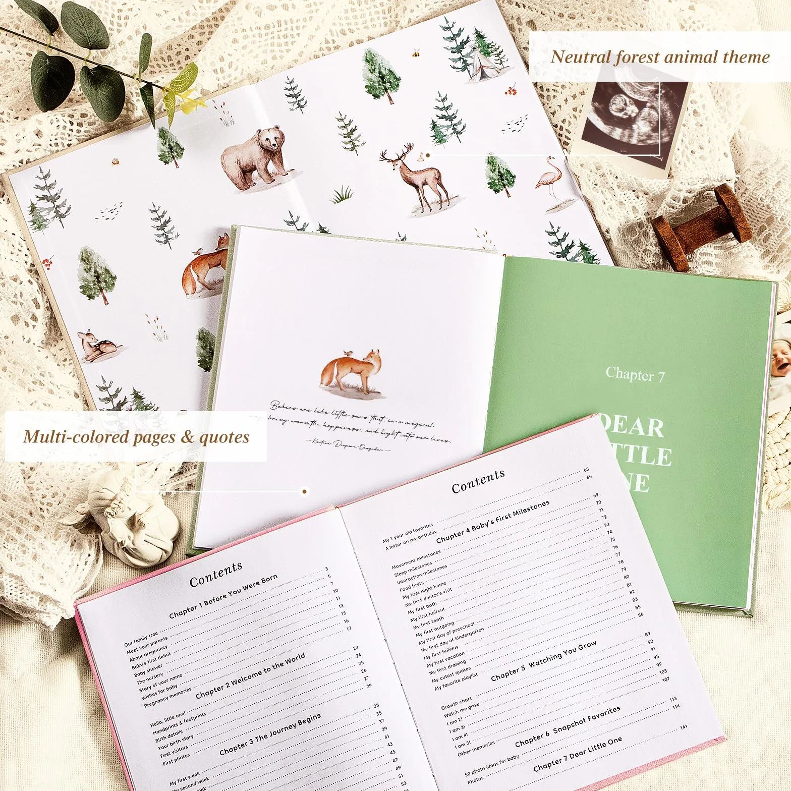 Lanpn Album fotograficzny dla dziecka Pierwszy 5 Rok dla chłopca dziewczynki, The Story of Your Baby Memory Book, Pamiętnik dla dzieci, Dziennik dla noworodków Prezent (154 strony, angielski, zielony)