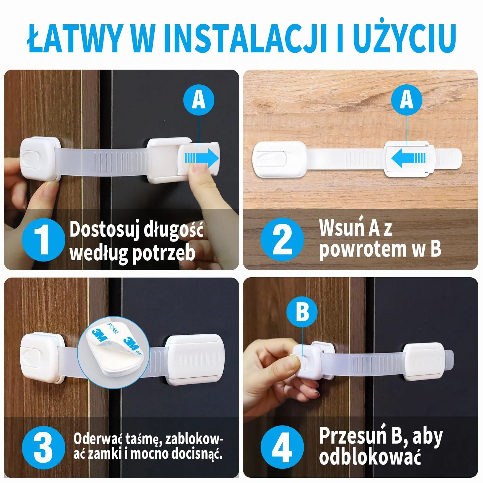 Zamki zabezpieczające przed dziećmi ECHOCUBE (8 paczek), regulowane, zabezpieczające przed dziećmi zamki, wielofunkcyjne zamki zabezpieczające przed dziećmi do szafek, szuflad, lodówki (białe)