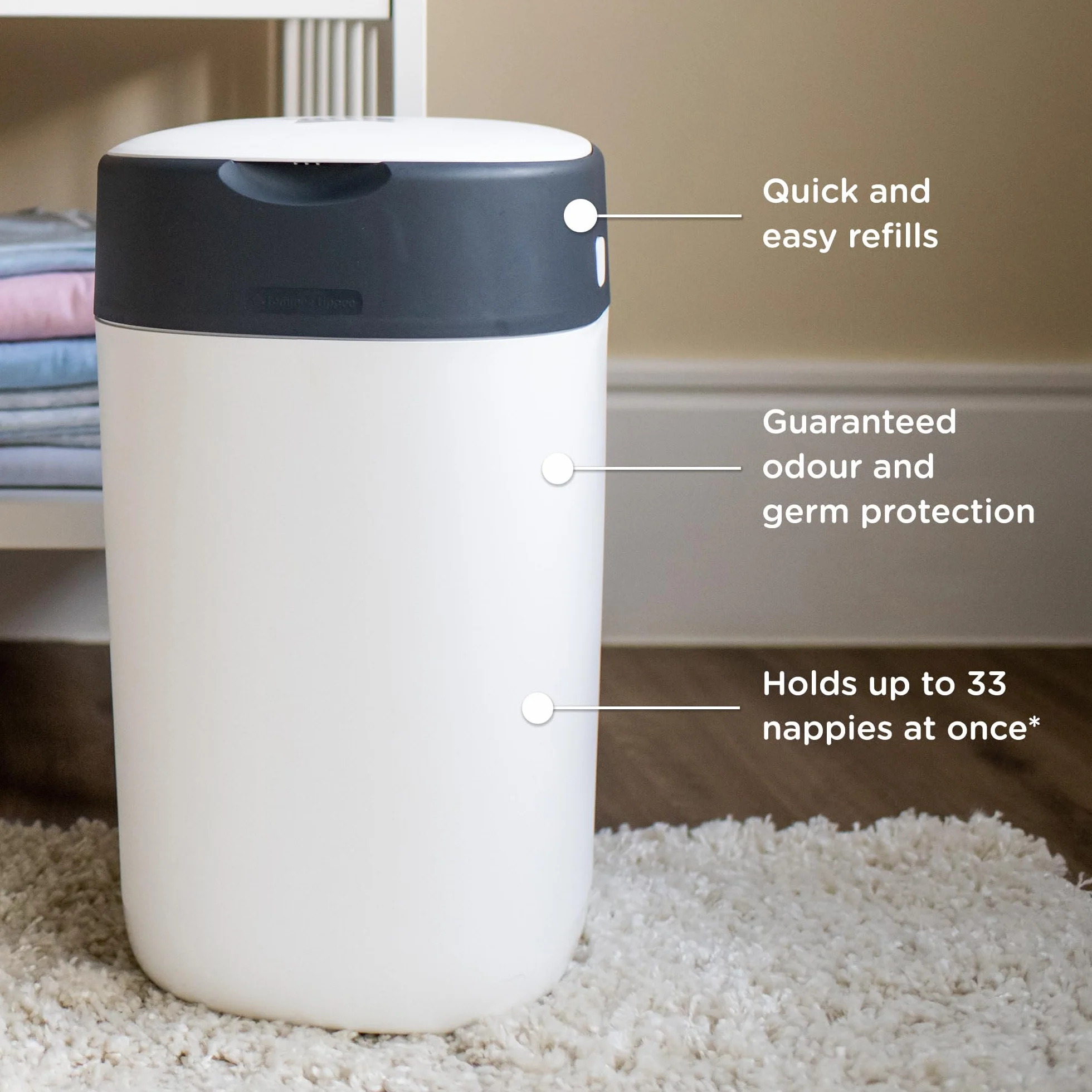 Tommee Tippee Twist and Click Advanced kosz na pieluchy, bardziej przyjazny dla środowiska z 1 wymiennymi wkład z folii antybakteryjnej GREENFILM, przyjazny, biały