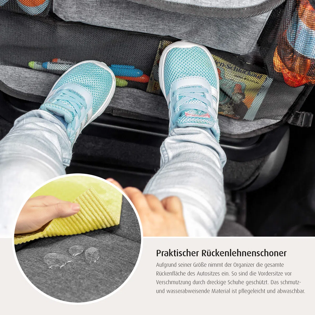 reer TravelKid Entertain organizer na tylne siedzenie samochodowe, z kieszenią na tablet, odporny na zabrudzenia, wiele kieszeni, do wszystkich foteli samochodowych, również foteli sportowych, szary, 1 sztuka (1 opakowanie)